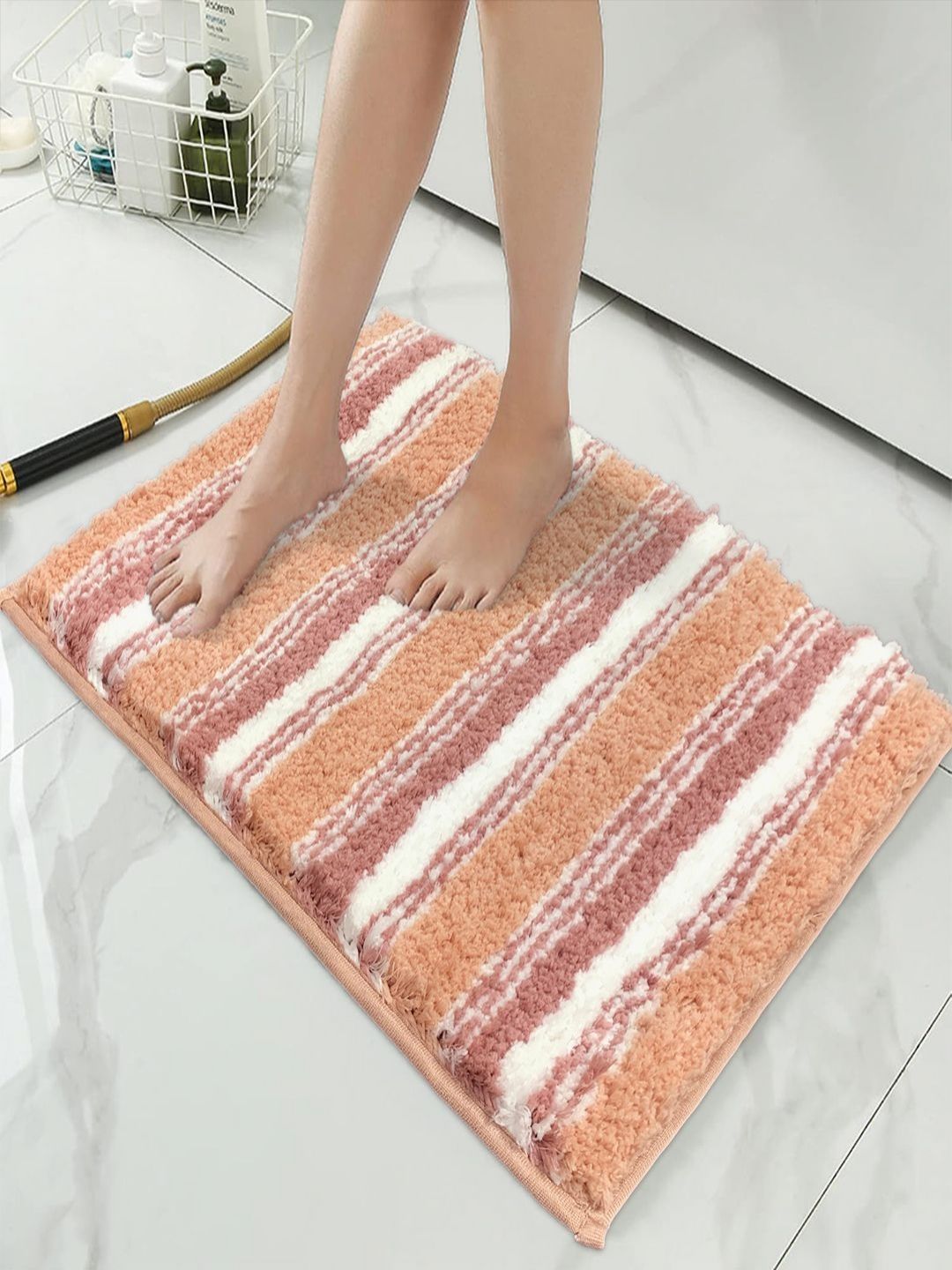 LUXEHOME INTERNATIONAL Peach-Color & White Striped Anti-Slip Bath Rug-picture-34
