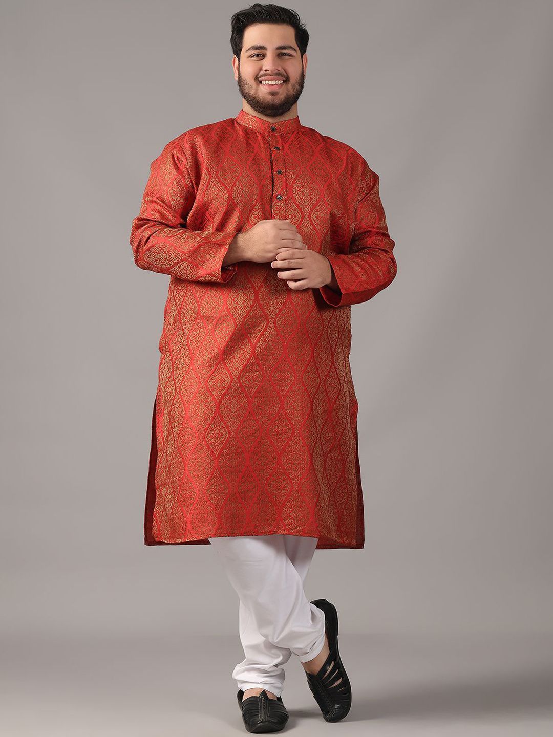 SOJANYA PLUS Size Ethnic Motifs Woven Design Band Collar Jacquard Silk Straight Kurta-picture-24