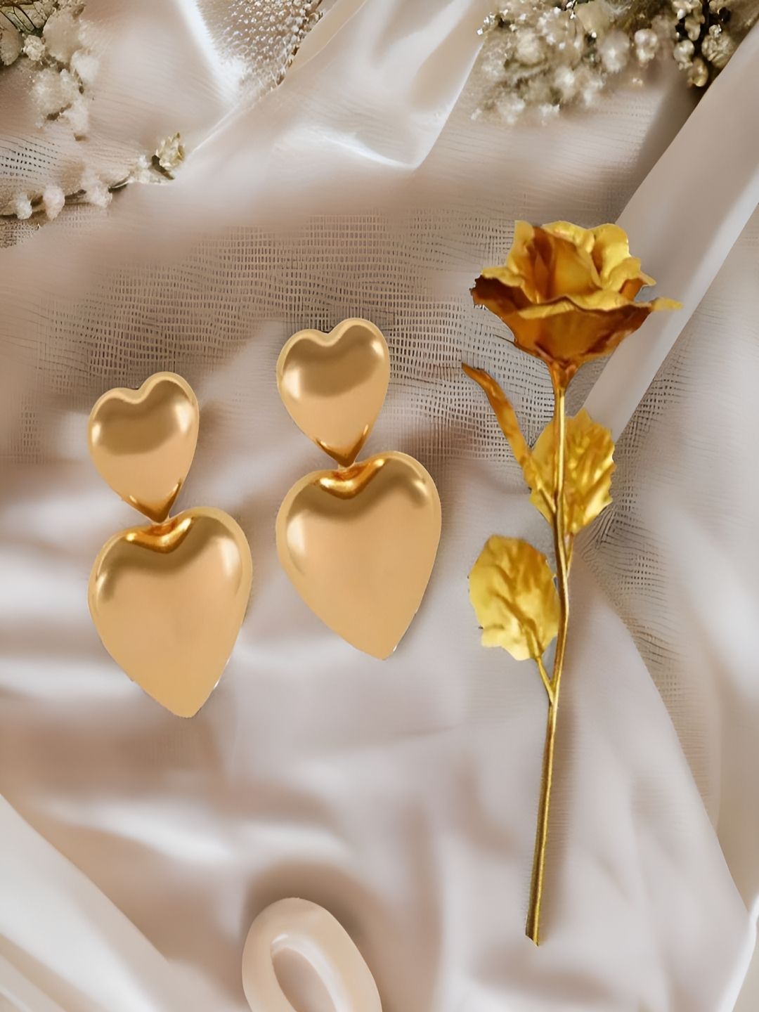 UNIVERSITY TRENDZ Gold Heart Earrings & Golden Rose Gift Combo Set-image-42
