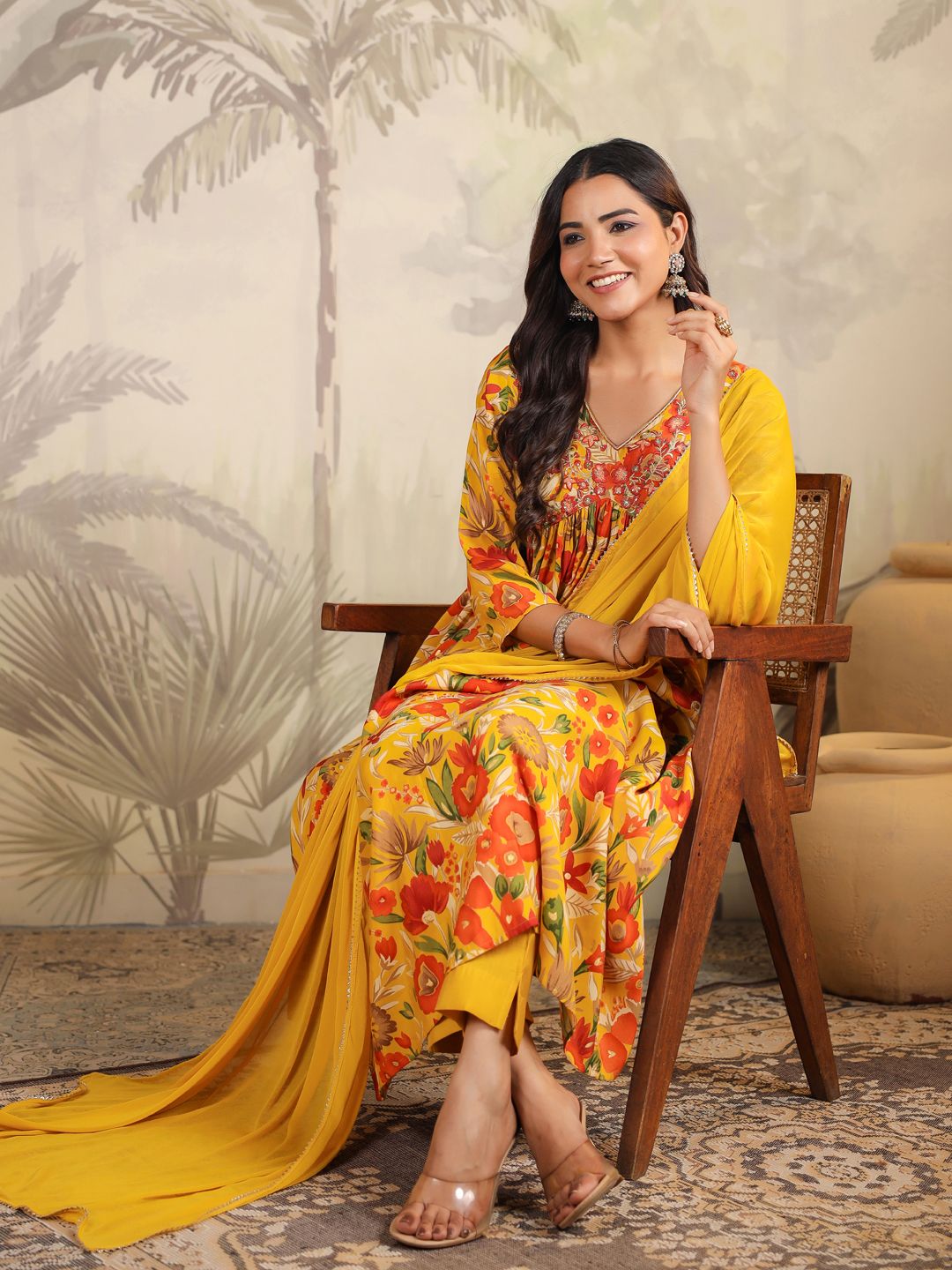 Janasya Women Floral Printed Pleated Sequinned Kurta with Trousers & With Dupatta