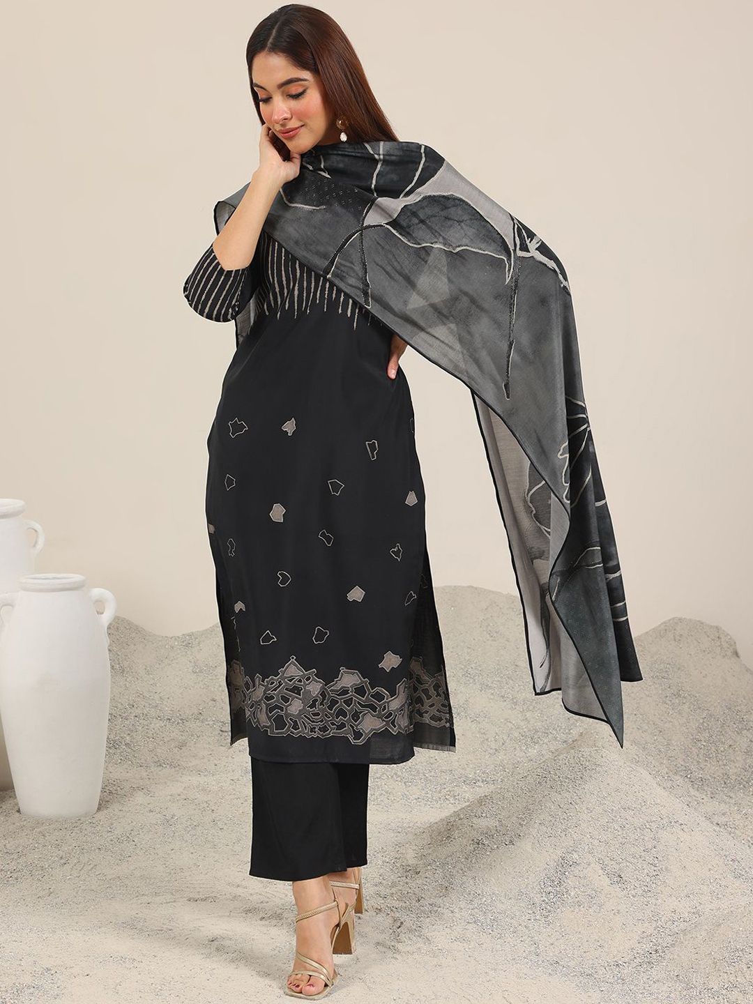 Libas Abstract Printed Keyhole Neck Straight Kurta With Trouser & Dupatta