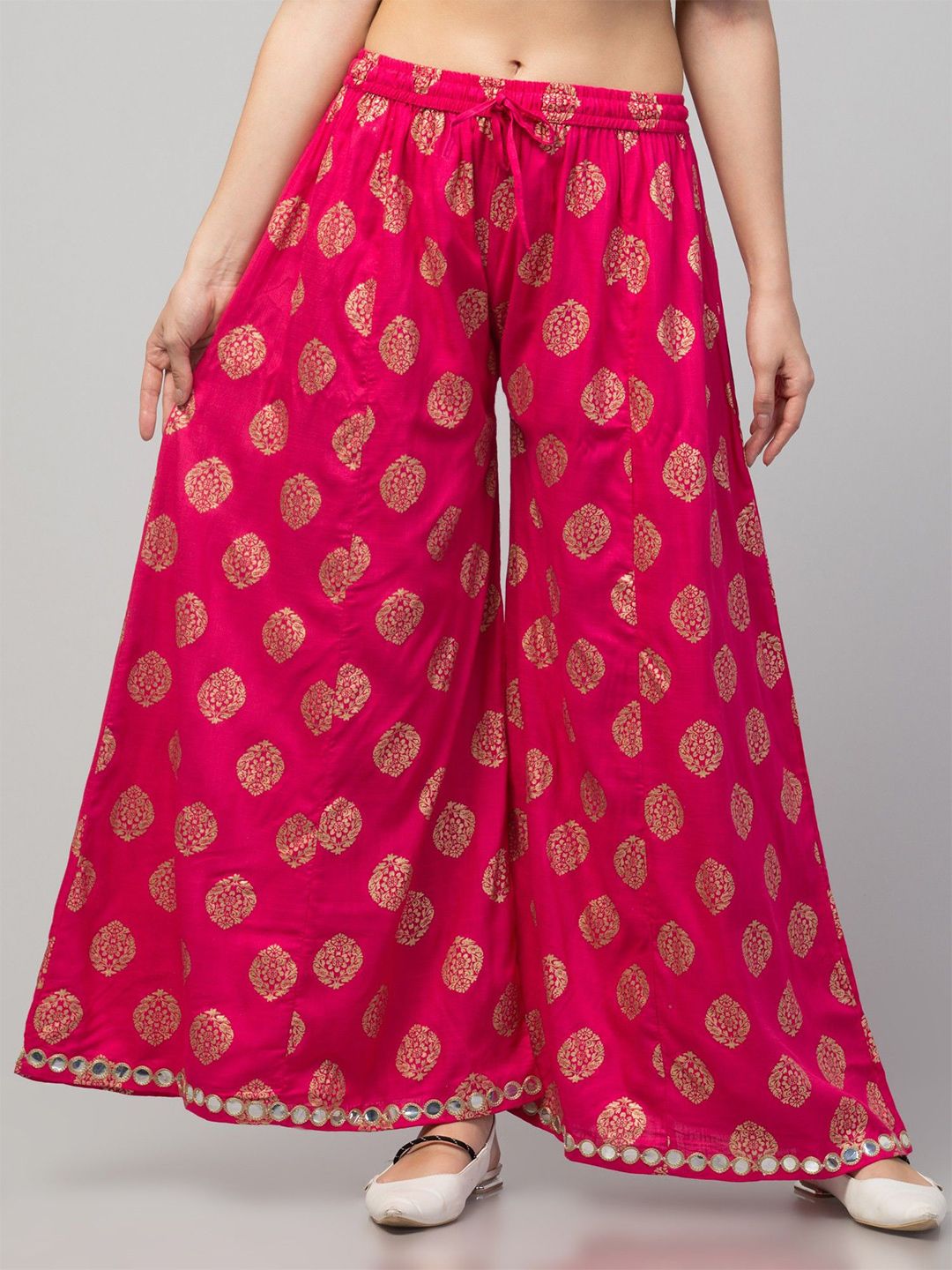 FAMBEE Women Floral Printed Flared Knitted Palazzos-image-4