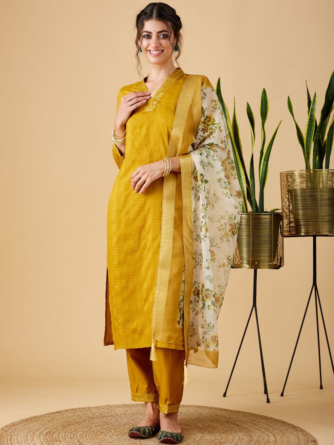 MOKOSH Sequinned Work V-Neck A-Line Kurta With Trousers And Dupatta