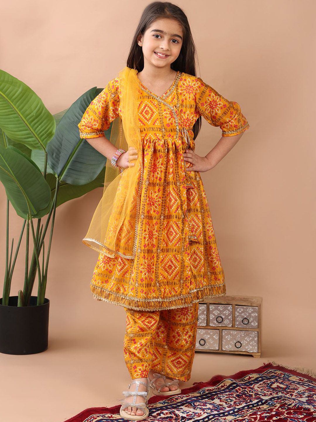 Here&Now X Kinder Kids Girls Ethnic Motifs Printed Angrakha Kurti with Palazzos-picture-10