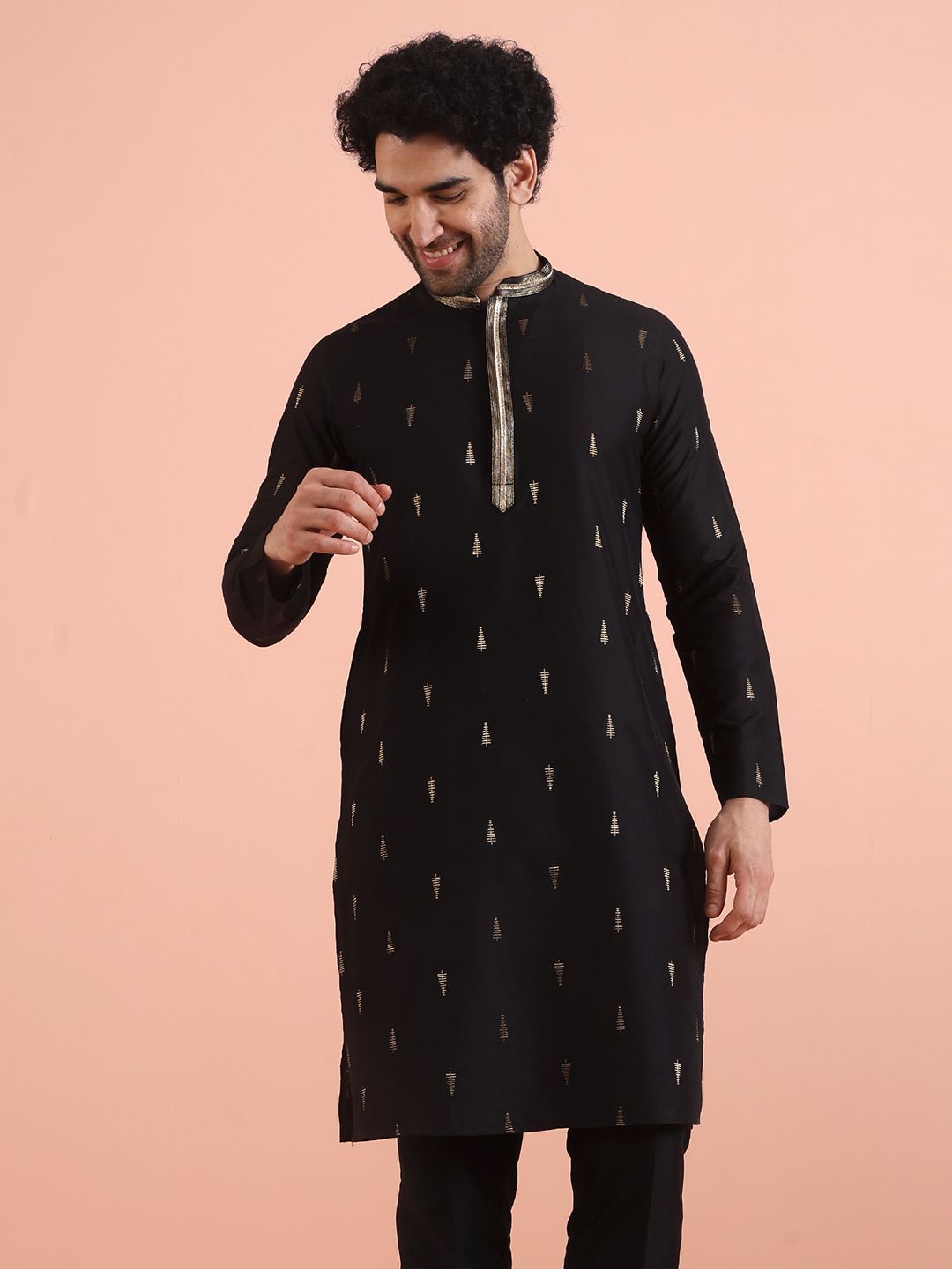 KISAH Woven Design Mandarin Collar Cotton Silk Straight Kurta-image-5