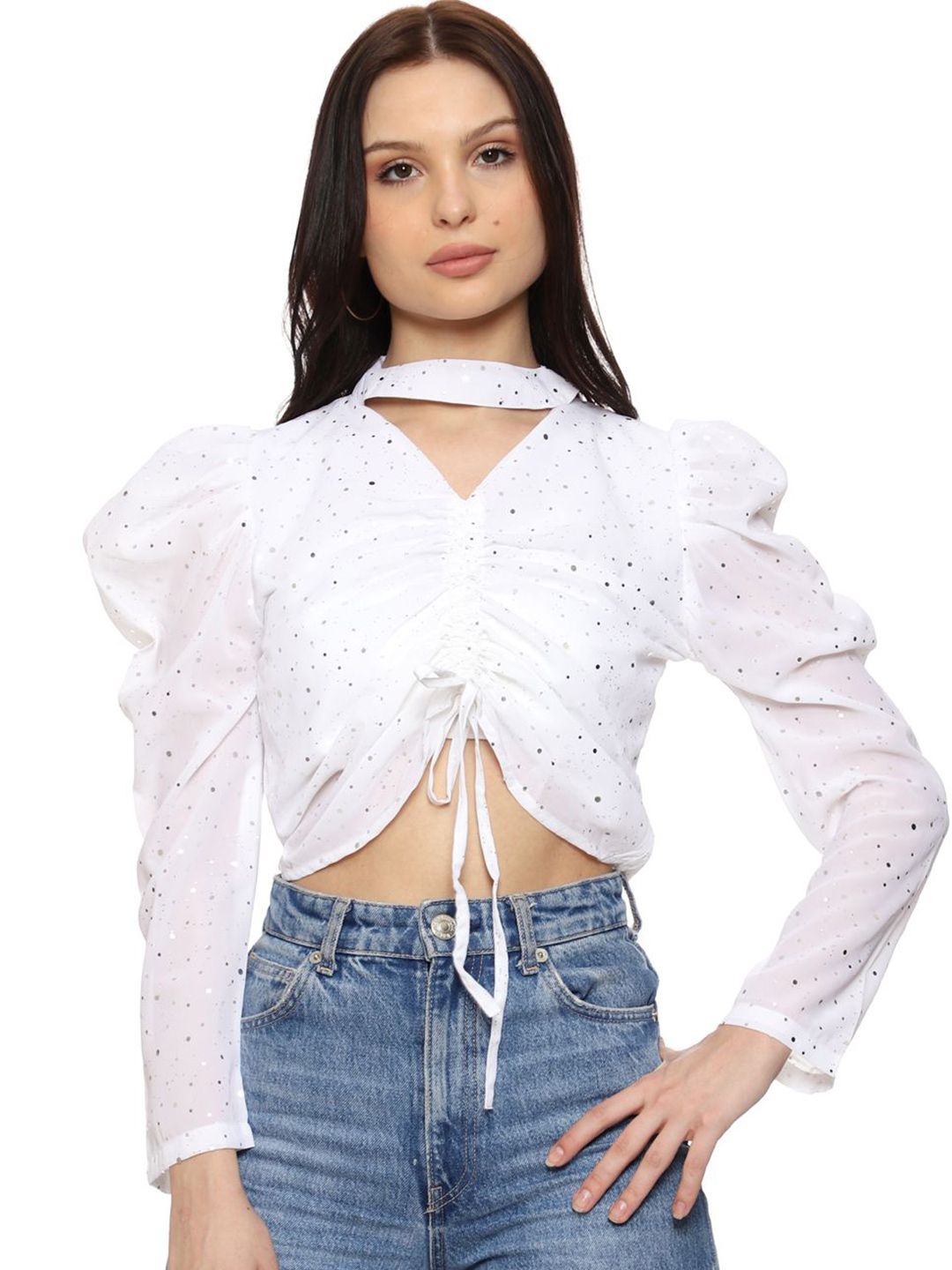 SXV STYLE Women Embellished Puff Sleeves Crop Top-picture-10