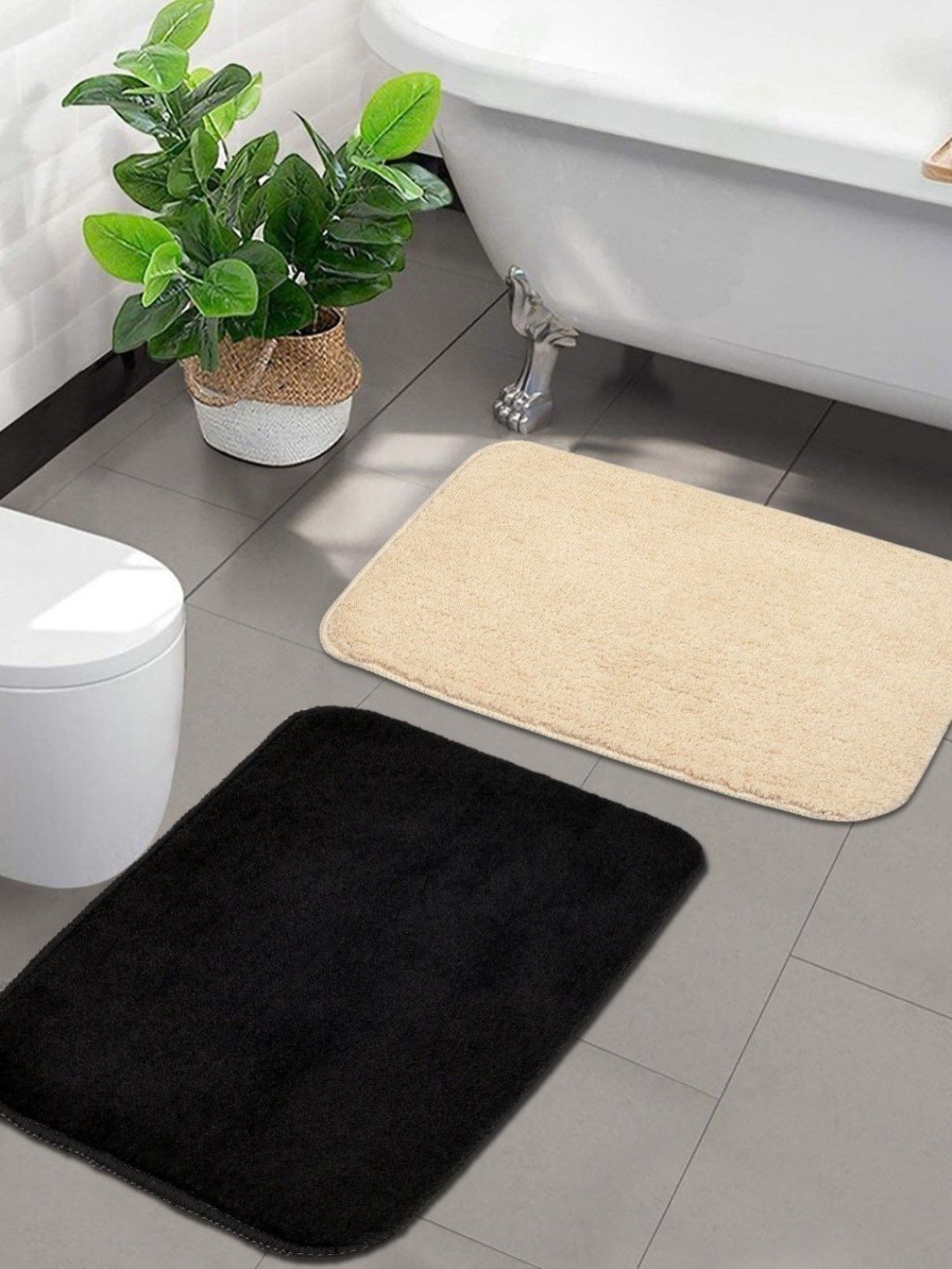 Saral Home 2Pcs Black & Beige Microfibre 550 GSM Anti-Skid Bath Rugs-picture-22