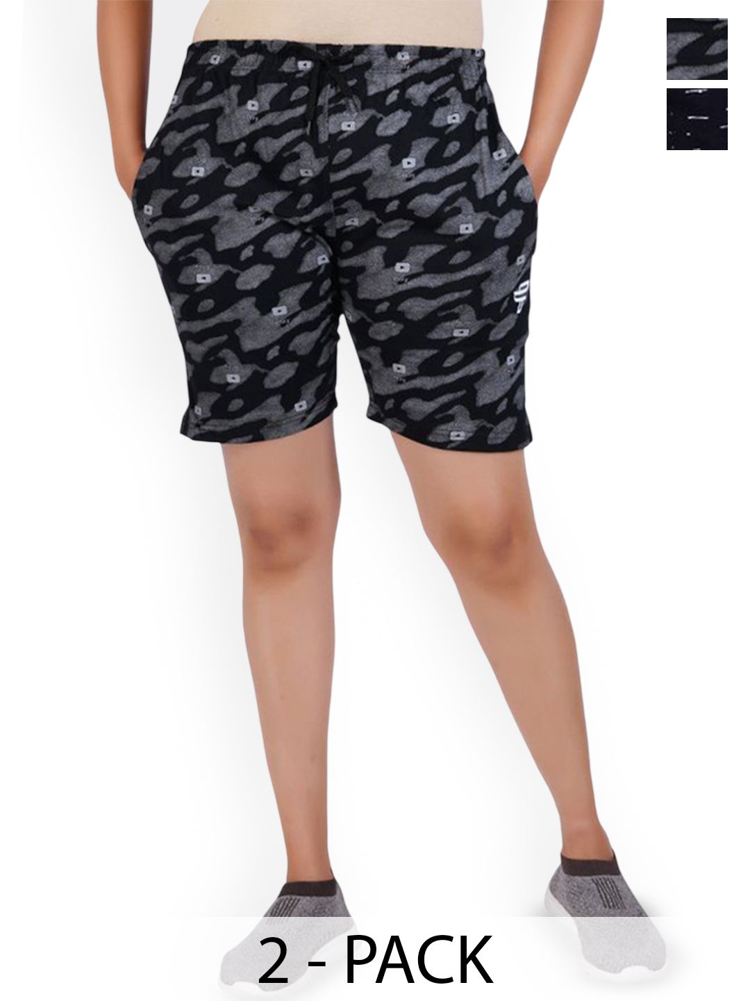 FEEL TRACK Women Pack Of 2 Cotton Mid-Rise Printed Shorts-picture-16