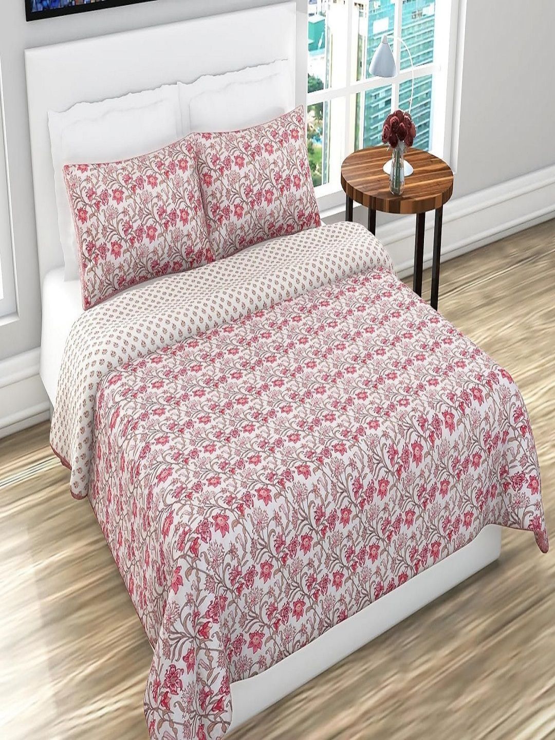 Myntra Elegant Homes Pink & Beige Floral Printed Bed Cover With Pillow-image-38
