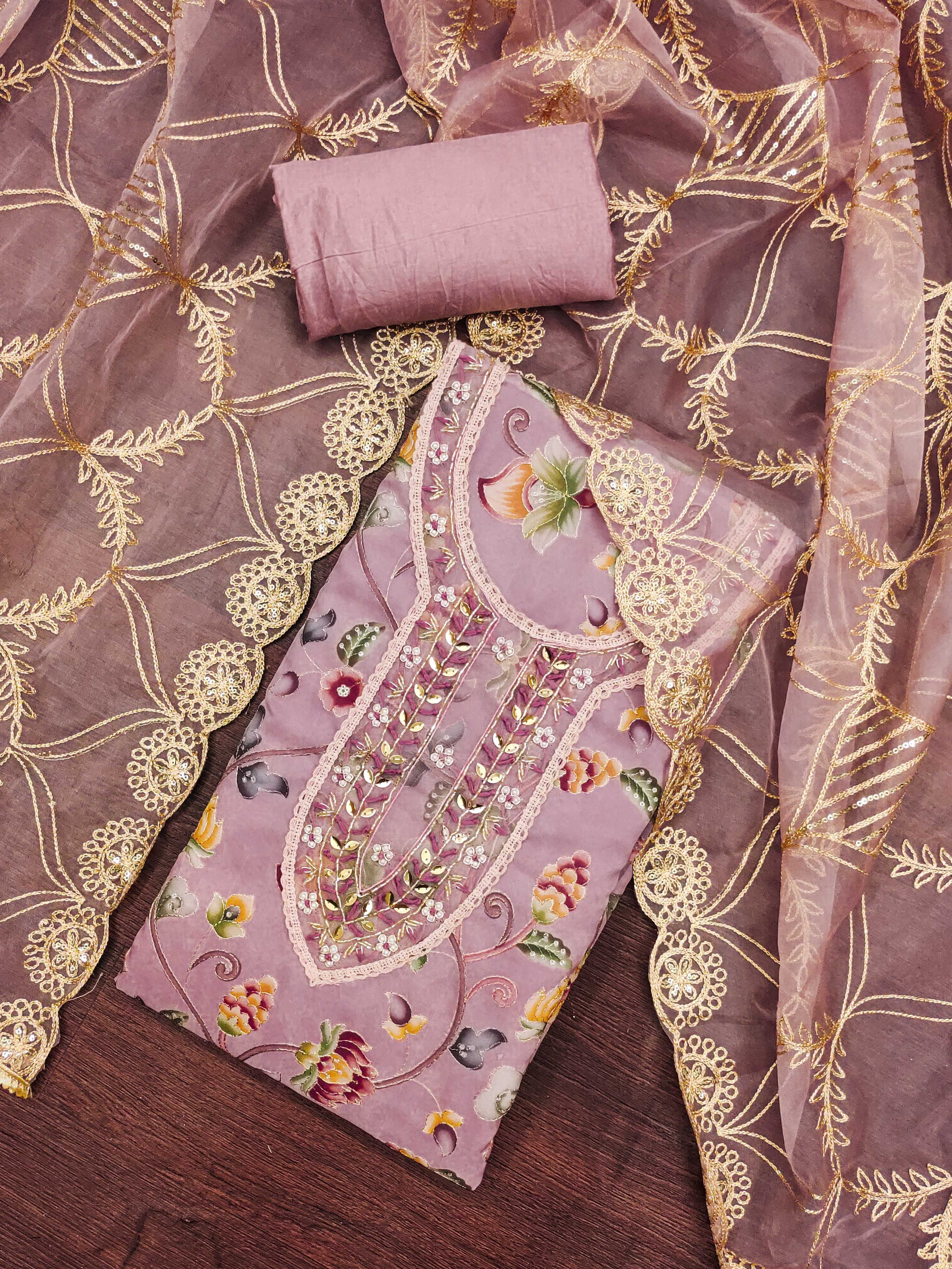 Blissta Floral Printed Embroidered Organza Unstitched Dress Material-picture-20