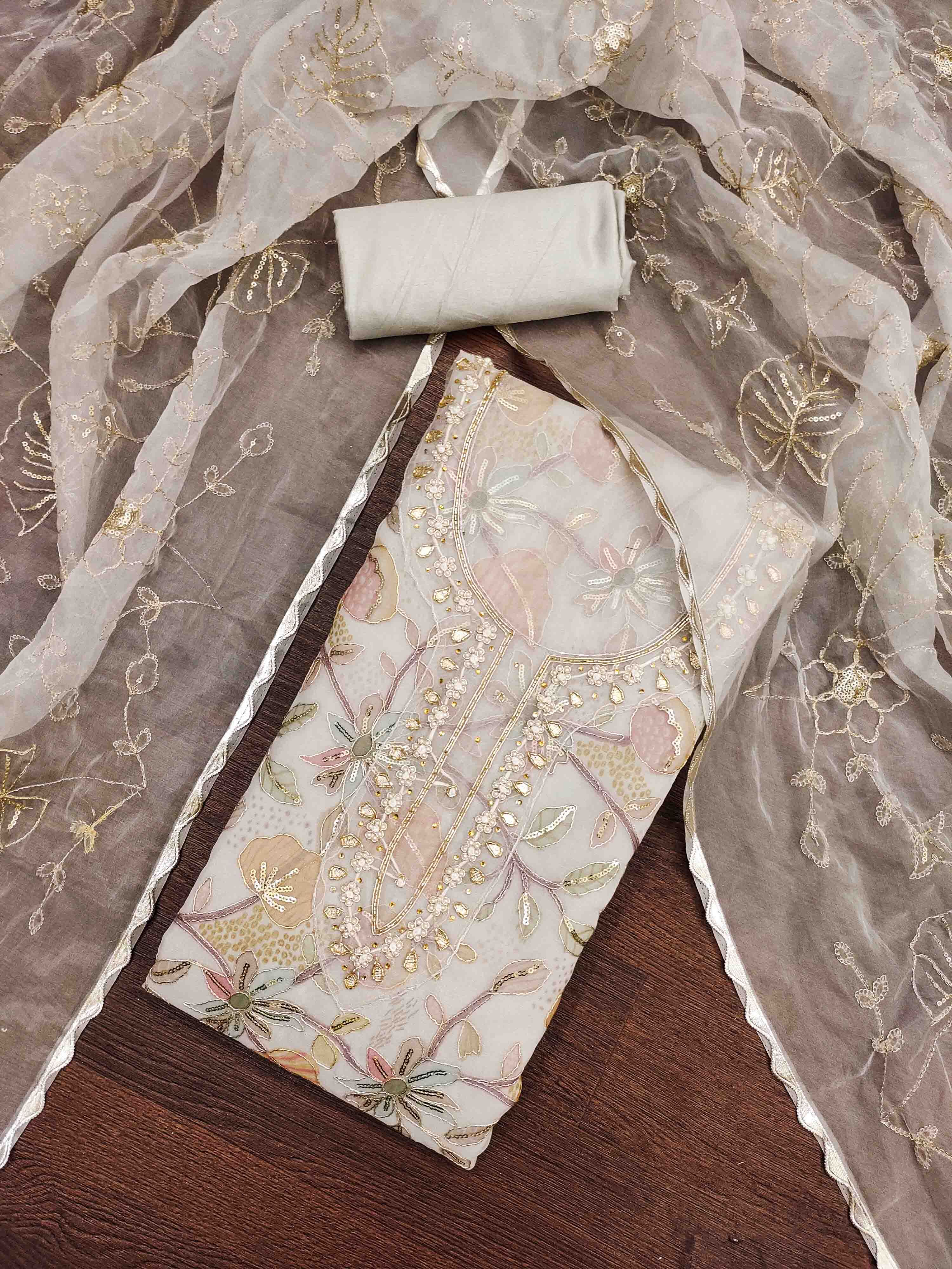 Blissta Floral Printed Embellished Organza Unstitched Dress Material-picture-27