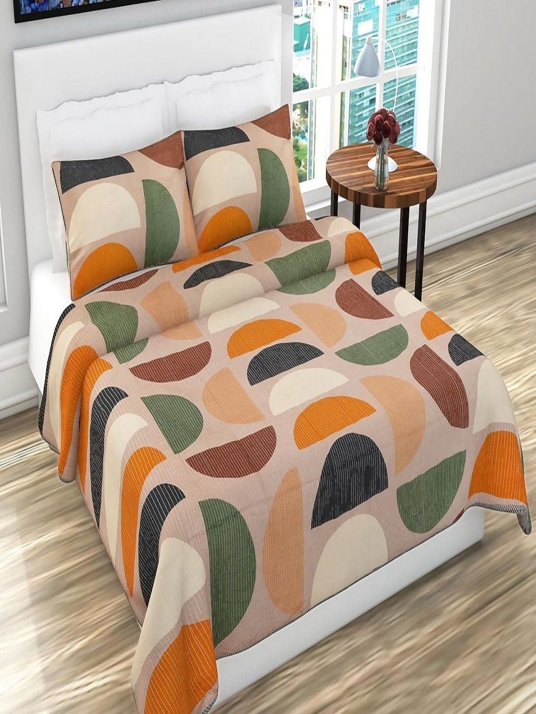 Myntra Elegant Homes Orange & Beige Floral Printed Bed Cover With Pillow-picture-31