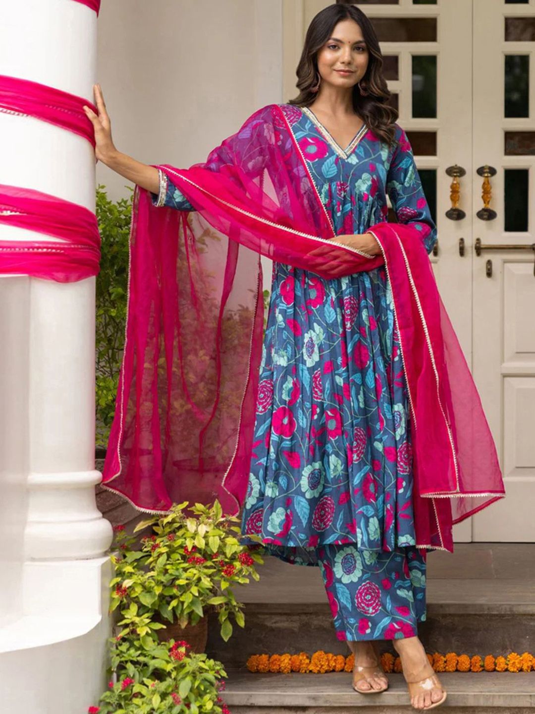 Moda Rapido Floral Printed V-Neck Empire Anarkali Kurta With Trouser And Dupatta