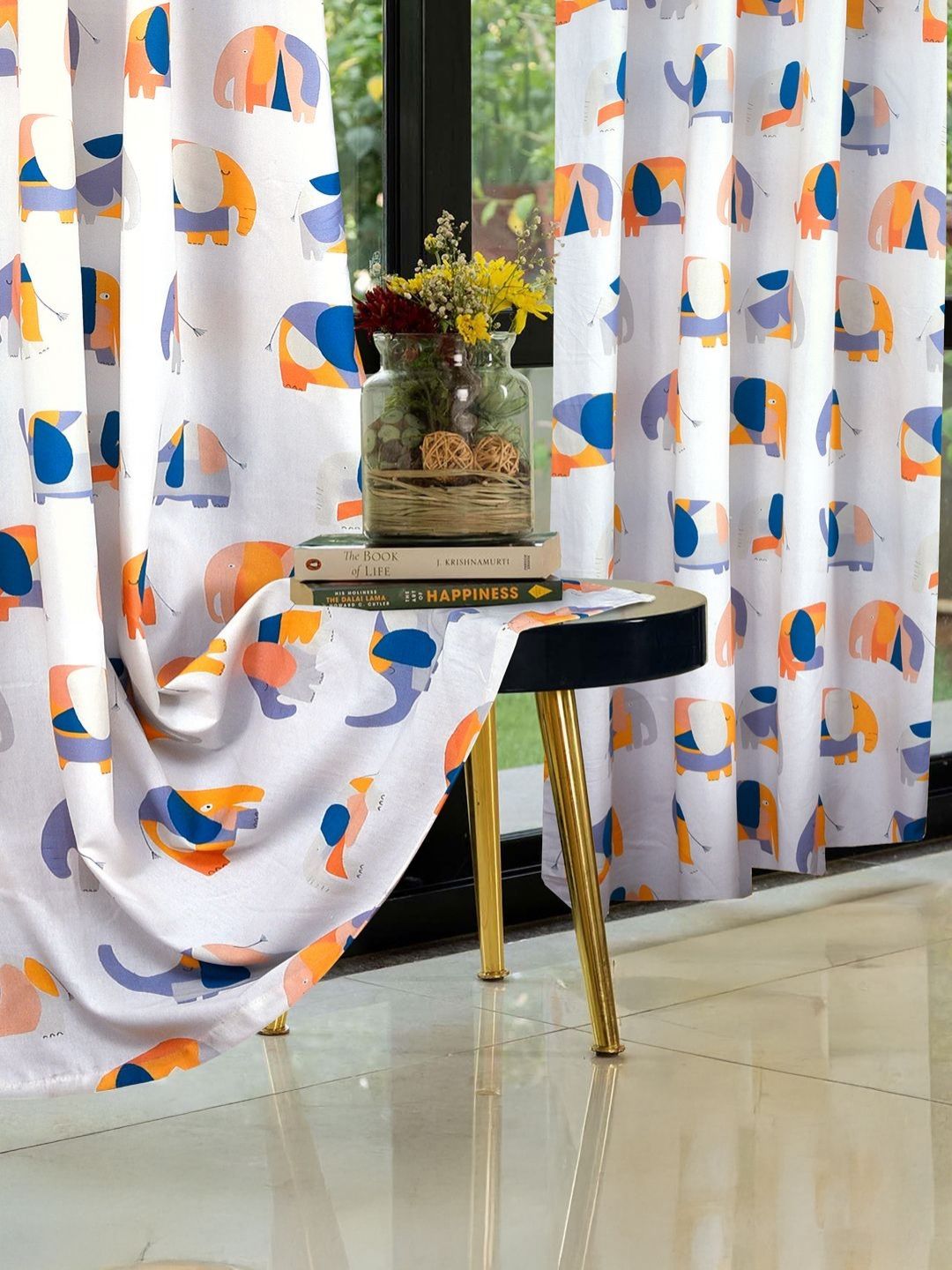Cortina Orange & Blue Set of 2 Floral Long Door Curtain-image-0