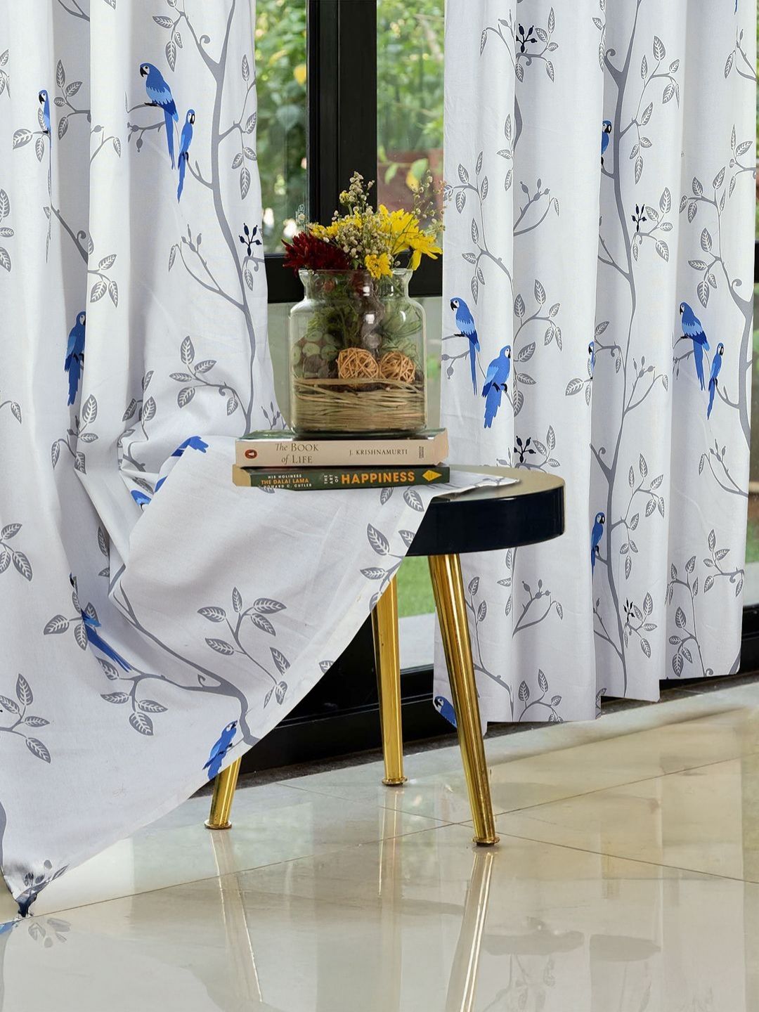 Cortina White & Blue 2 Pieces Floral Printed Cotton Door Curtains-picture-33