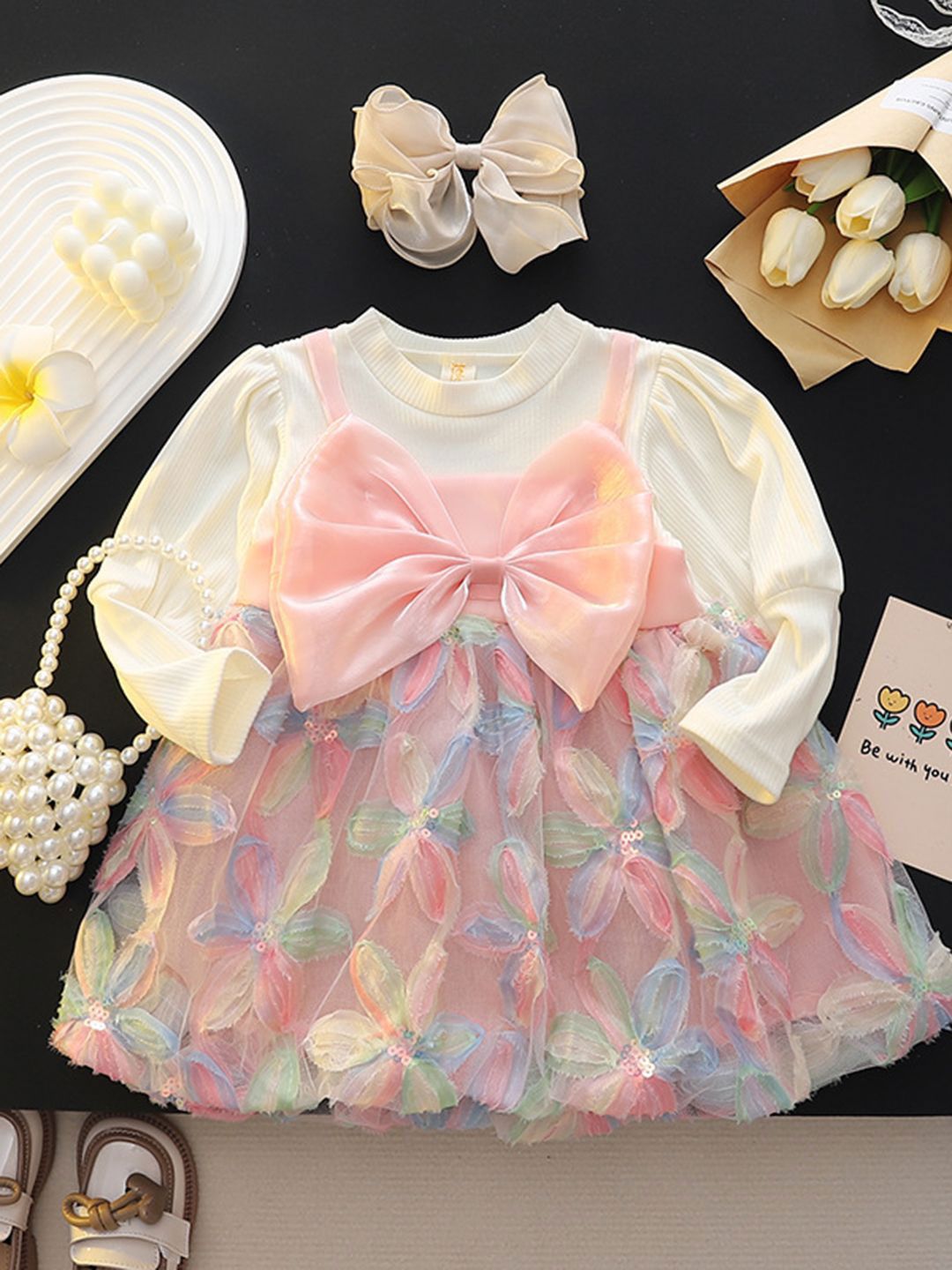 YK Girls Floral Printed Fit & Flare Dress