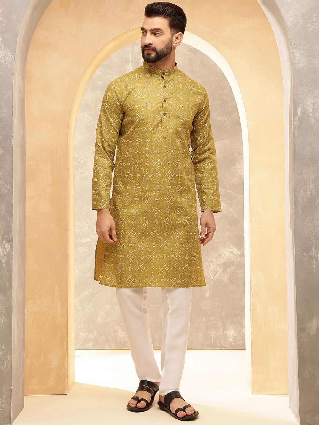 Anouk Yellow Ethnic Motifs Printed Band Collar Straight Kurta-picture-35