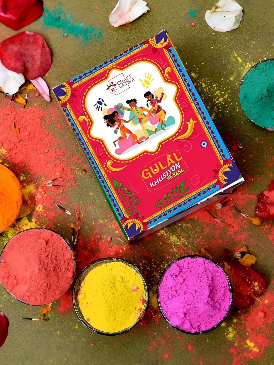 CraftVatika Green & Yellow 5 Pieces Organic Holi Gulal Colors