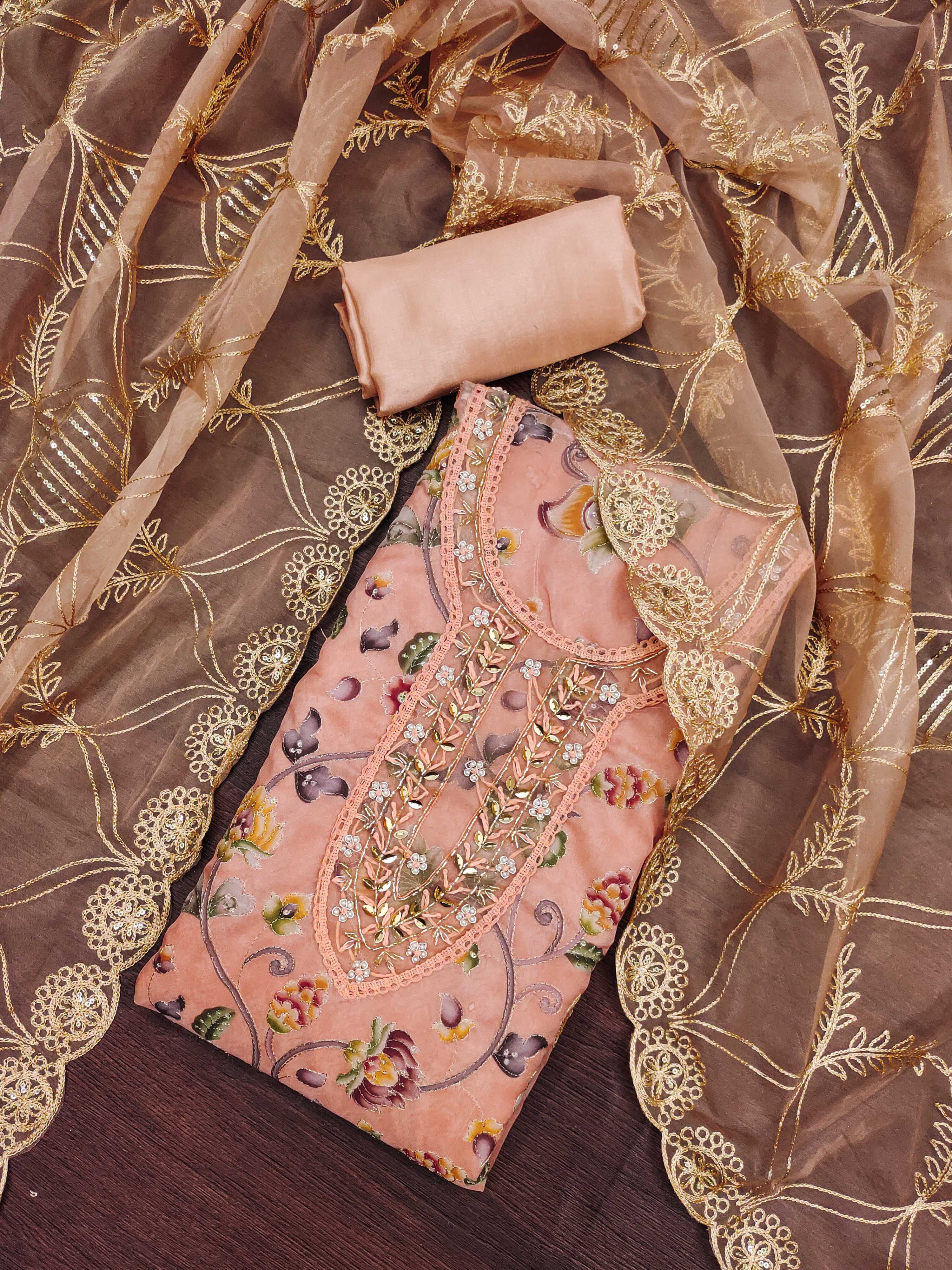 Blissta Floral Printed Beads And Stones Organza Unstitched Dress Material-picture-37