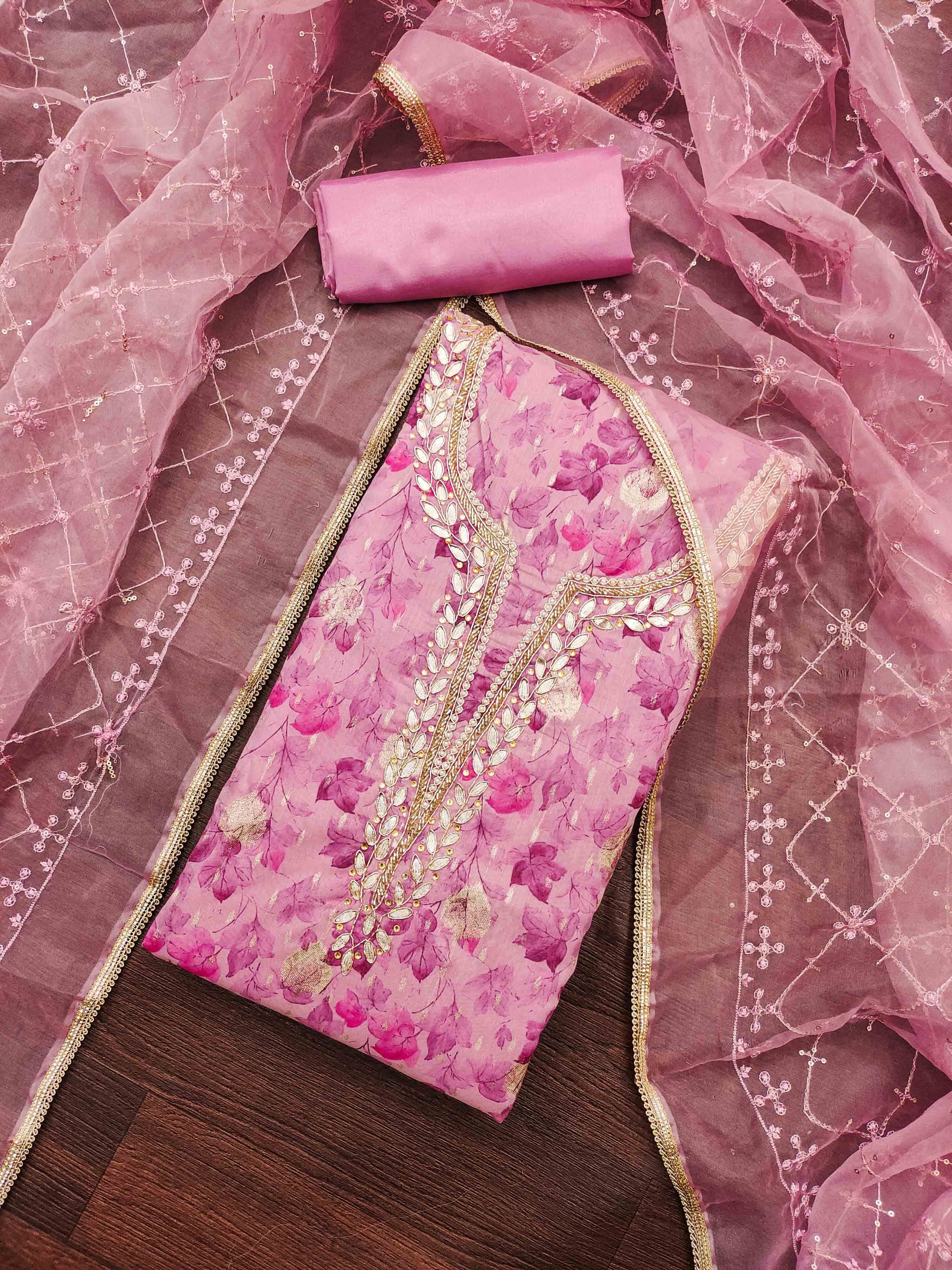 Blissta Floral Printed Embellished Organza Unstitched Dress Material-picture-26