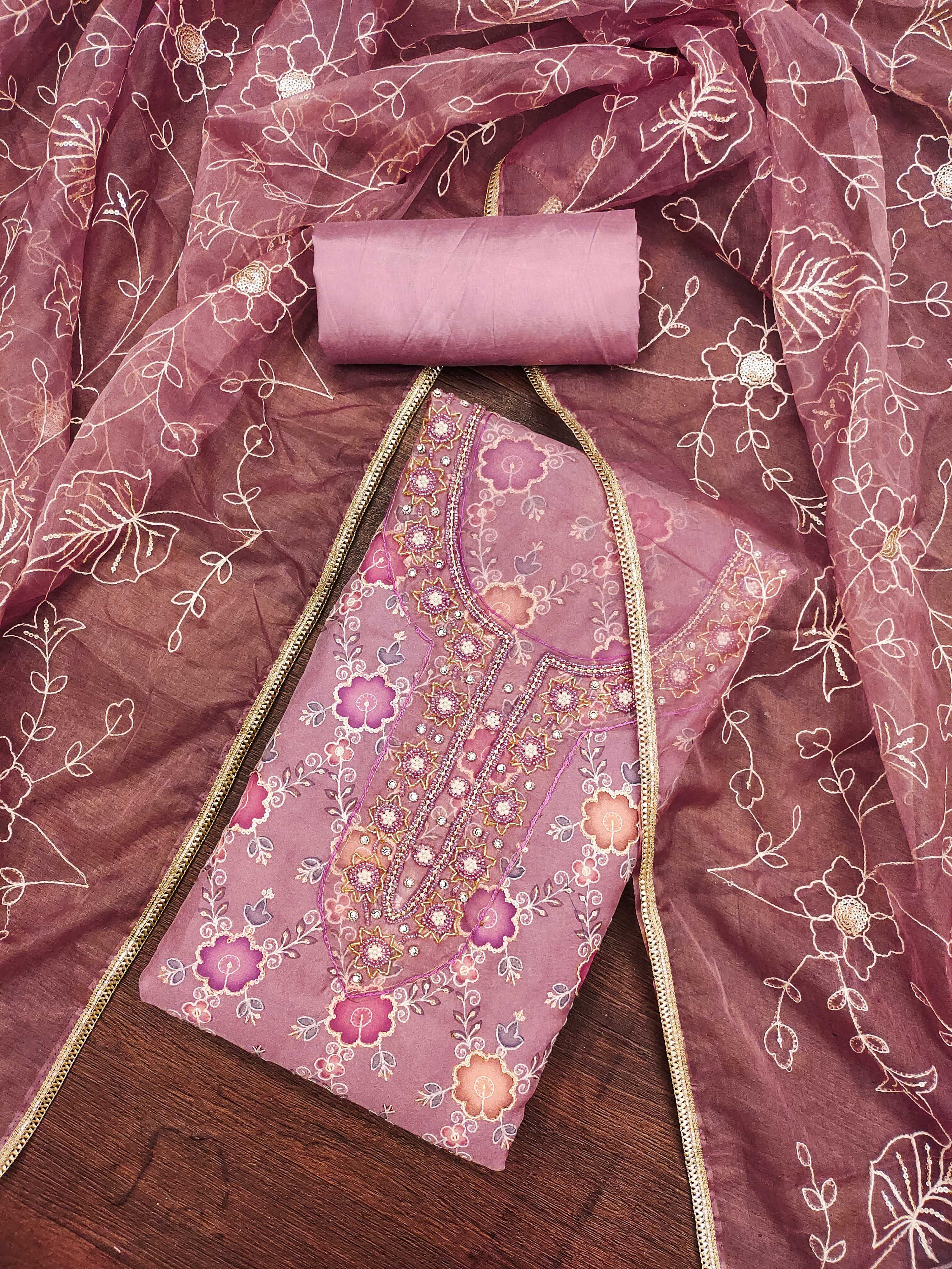 Blissta Floral Printed Beads And Stones Organza Unstitched Dress Material-picture-38