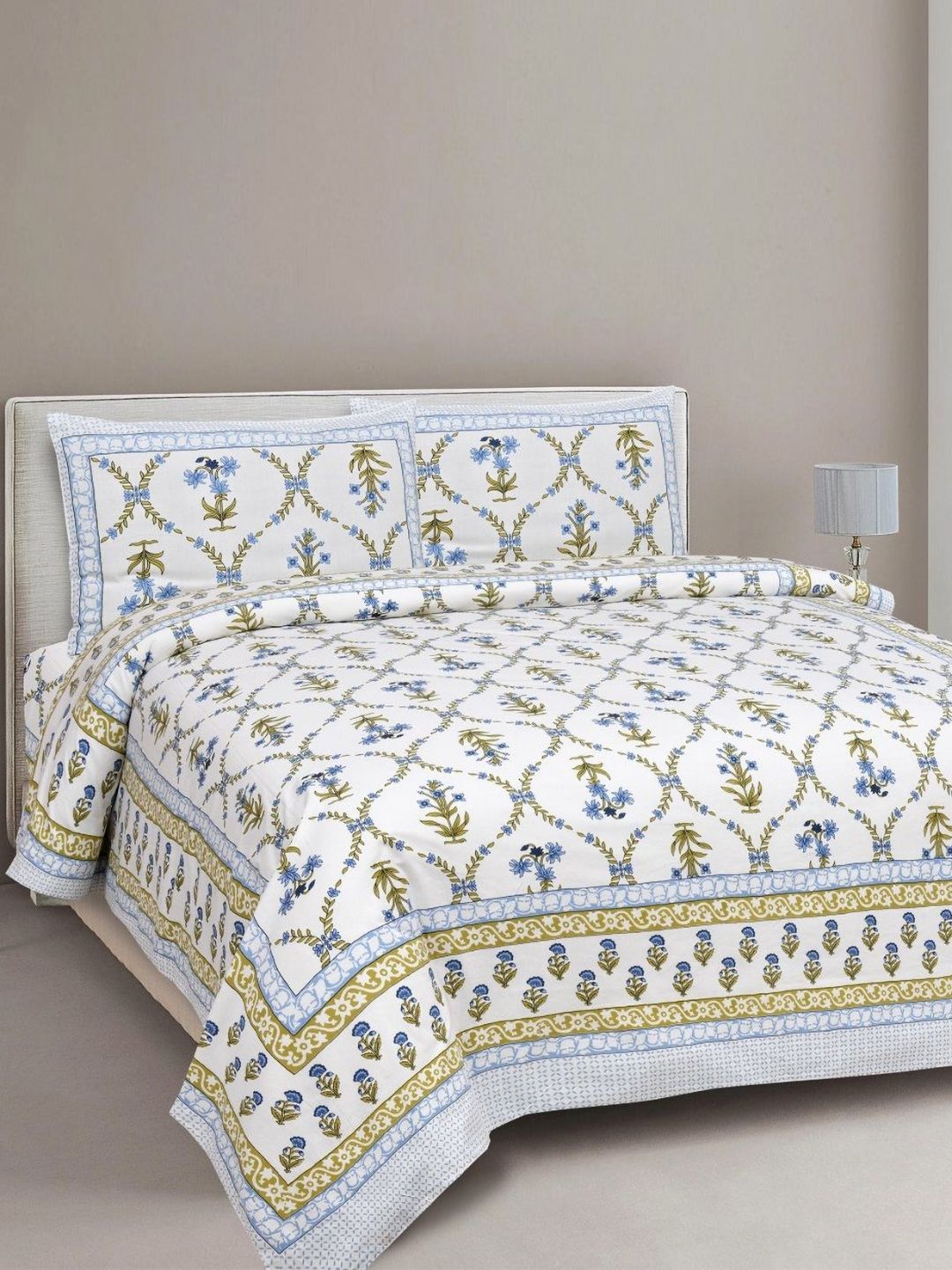 INDHOME LIFE White & Blue Ethnic Motifs 210 TC King Bedsheet with 2 Pillow Covers-picture-30