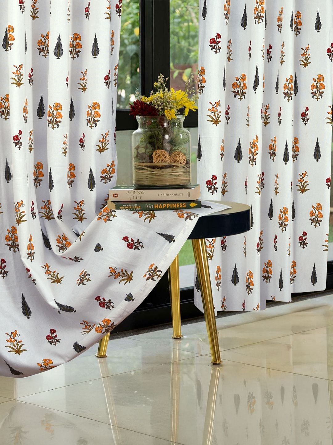Cortina White & Orange 2 Pieces Floral Printed Cotton Long Door Curtains-picture-30