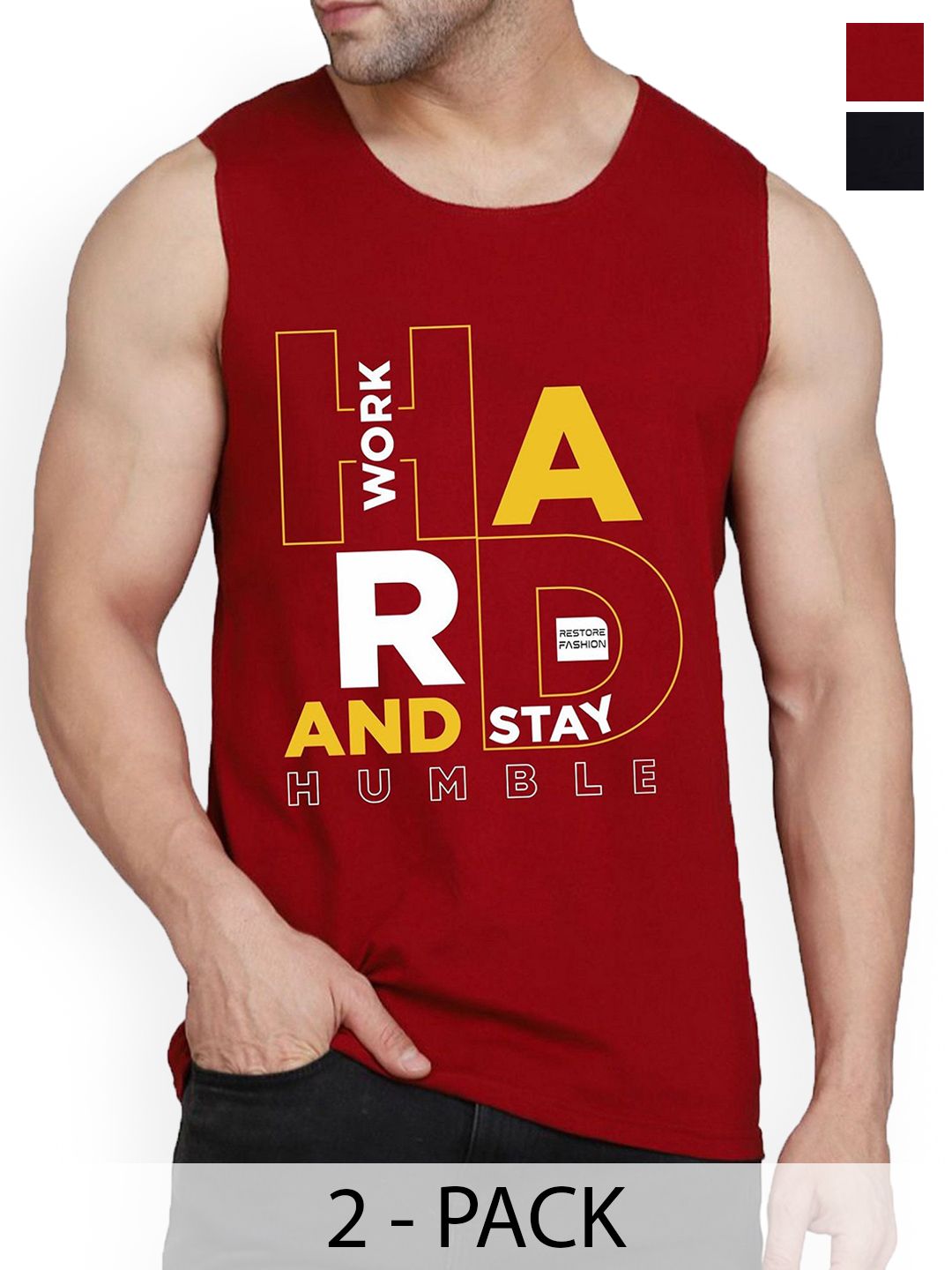 WOOSTRO Pack Of 2 Printed Combed Cotton Gym Vest RS26 CMB (MORE BLACK) (HARD MAROON)-picture-30
