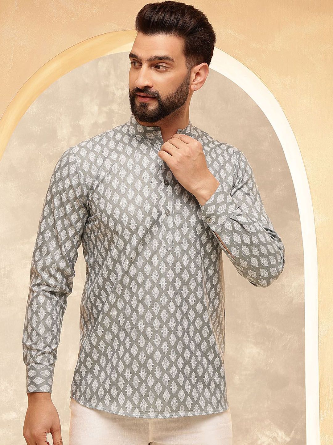 Anouk Grey Ethnic Motifs Printed Band Collar Straight Short Kurta-picture-34