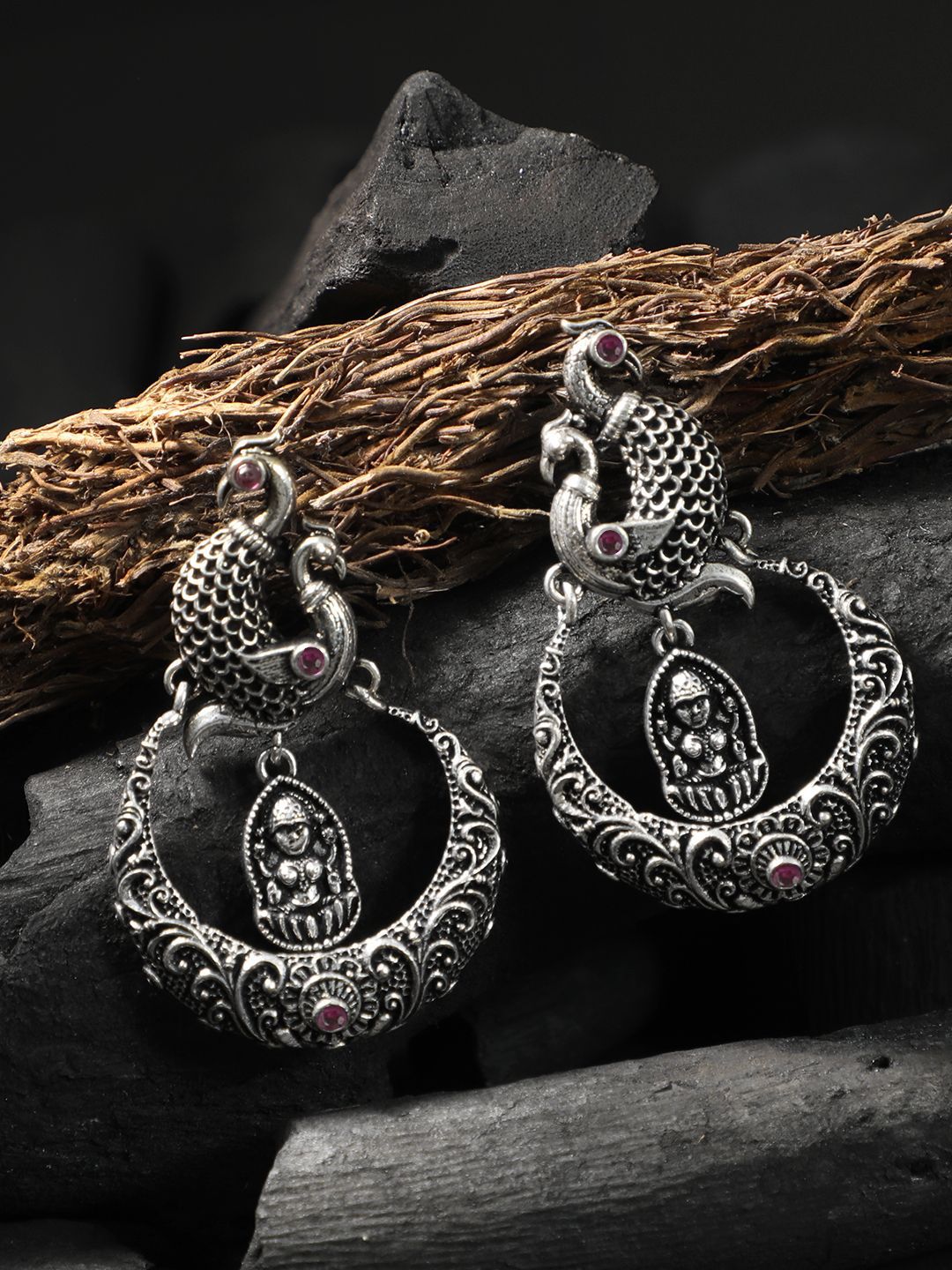 Sangria Pink Silver-Plated Artificial Stones Studded Peacock Shaped Oxidised Drop Earrings-image-48