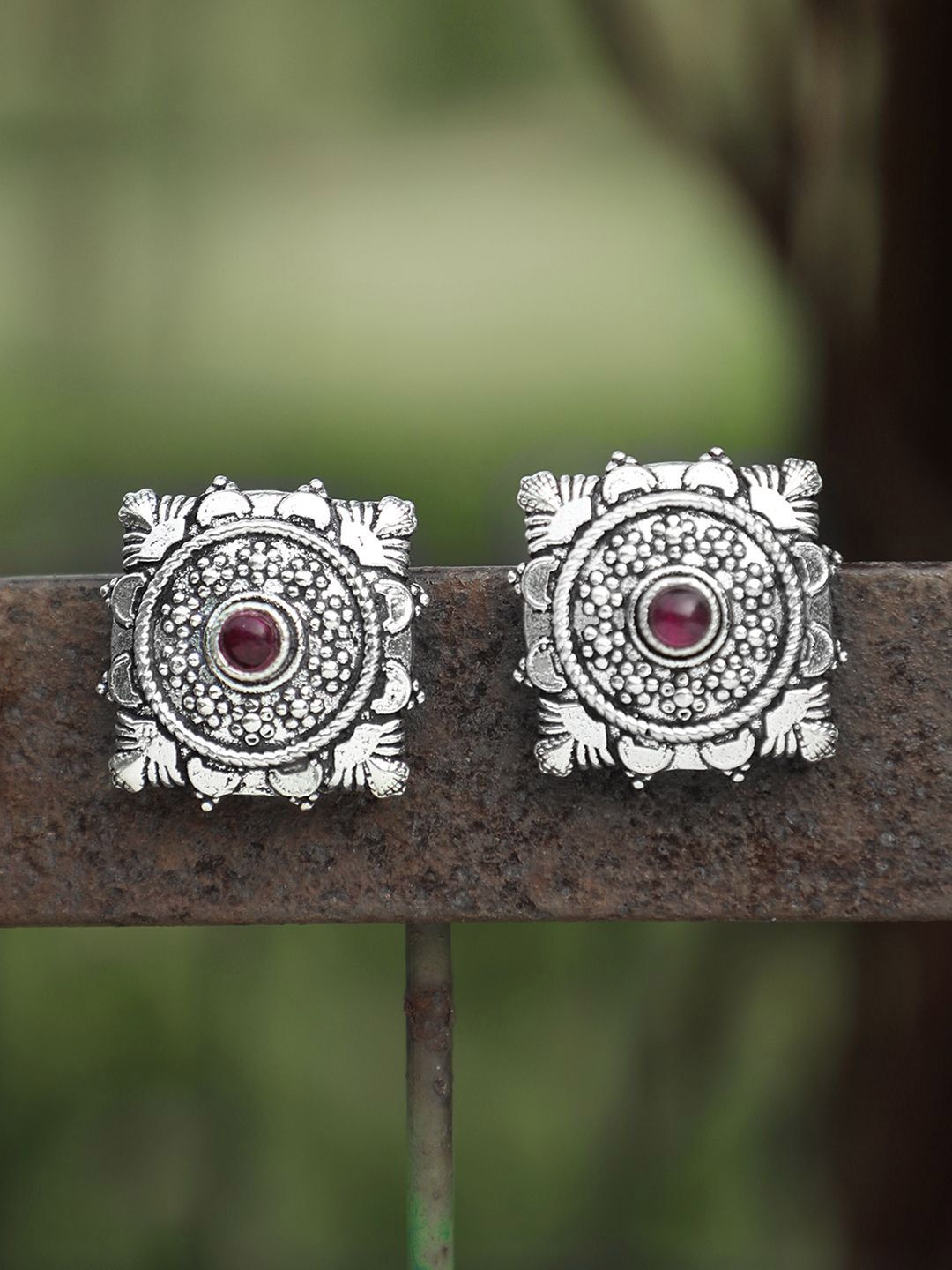 Sangria Red Silver-Plated Artificial Stones Studded Square Shaped Studs-image-17