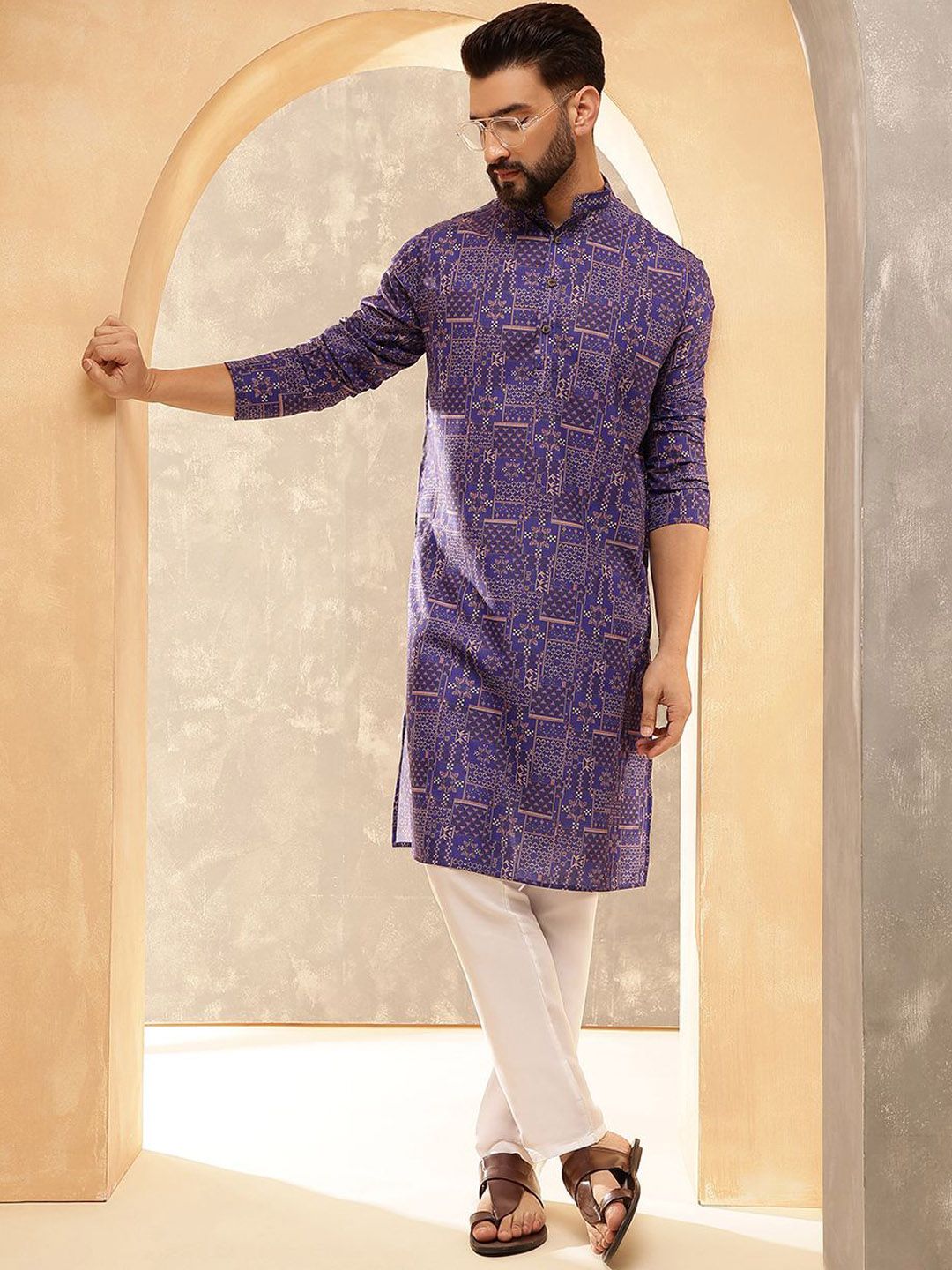 SOJANYA Ethnic Motifs Printed Band Collar Cotton Linen Straight Kurta-picture-10