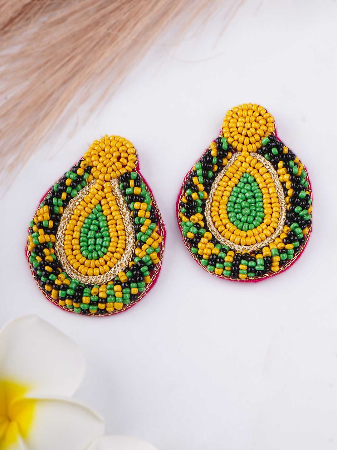 Sangria Yellow Artificial Beaded Teardrop Shaped Drop Earrings-image-44