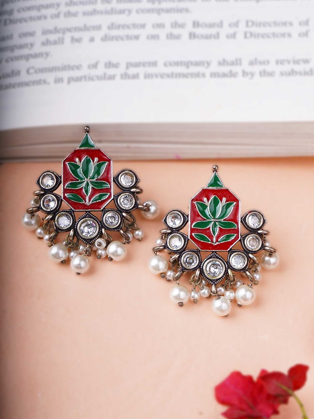 Sangria Red Silver-Plated Artificial Stones Studded And Beaded Drop Earrings-image-18