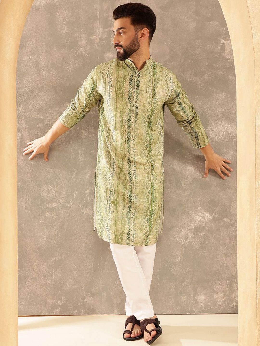 SOJANYA Ethnic Motifs Printed Band Collar Cotton Silk Straight Kurta-picture-54