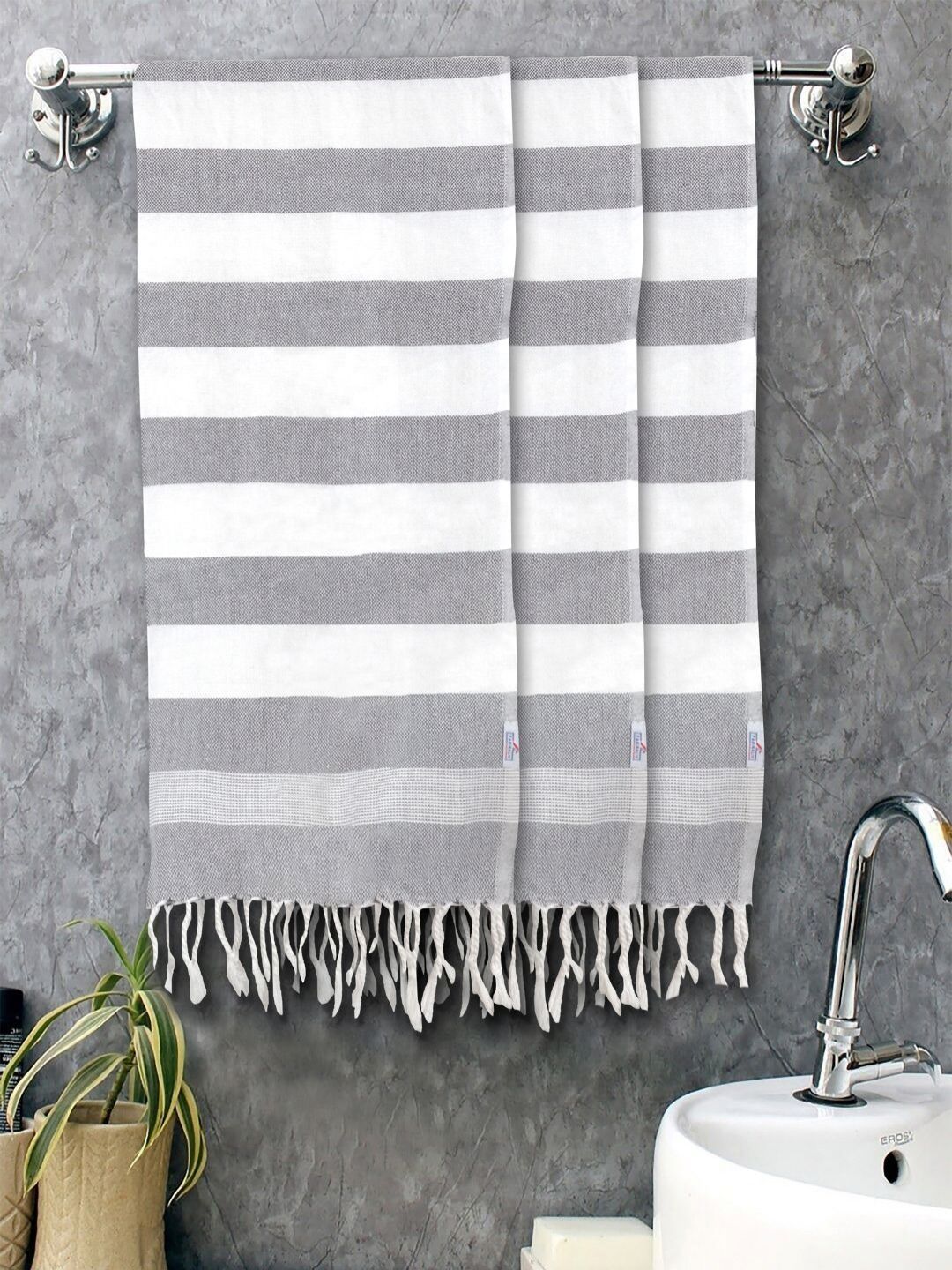 FABINALIV Grey & White 3 Striped Cotton 225 GSM Bath Towel-picture-41
