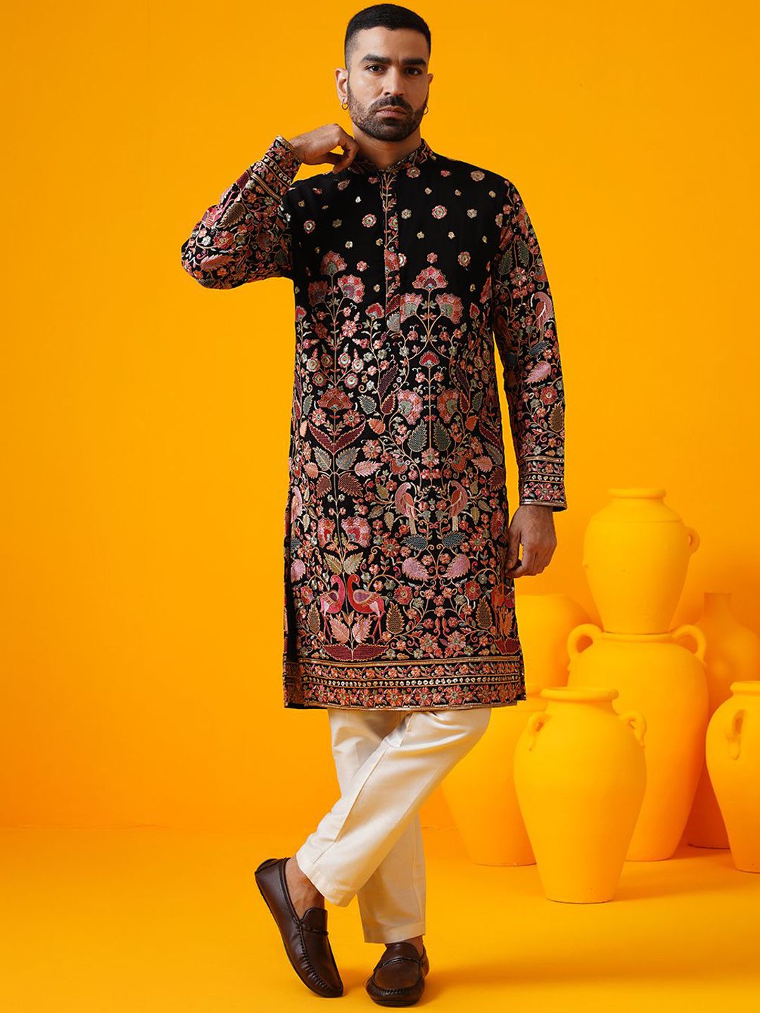SOJANYA LUXE Floral Embroidered Sequinned Mandarin Collar Straight Georgette Kurta-picture-40