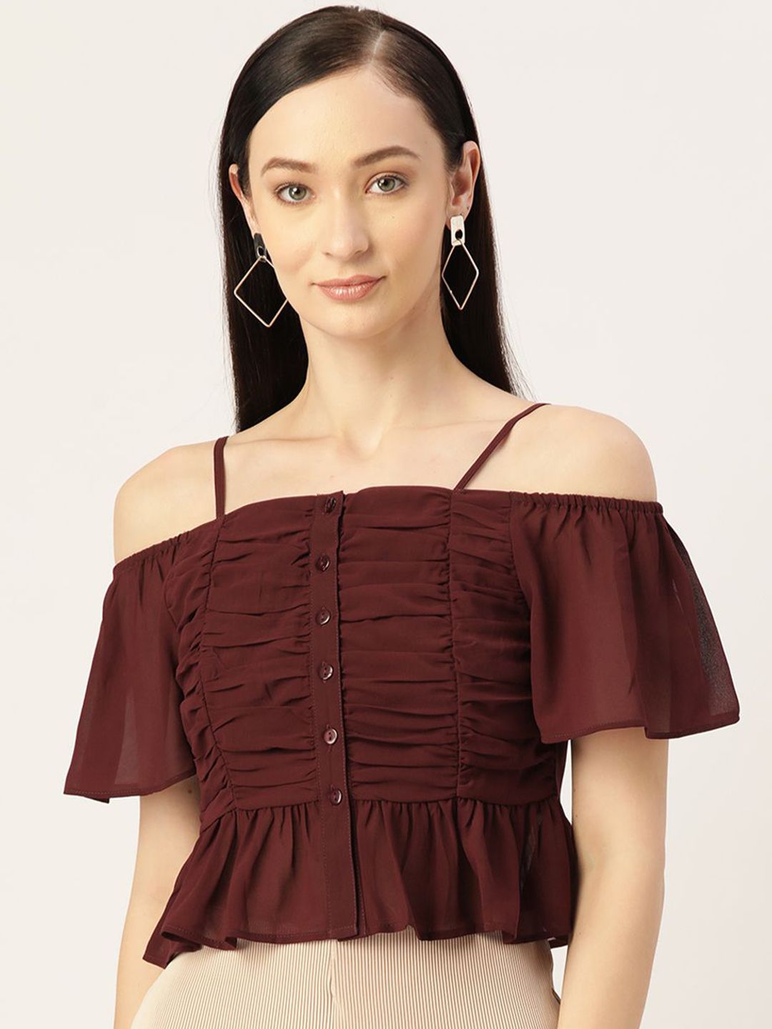 Moda Rapido Women Cold-Shoulder Sleeves Ruched Peplum Crop Top-picture-11