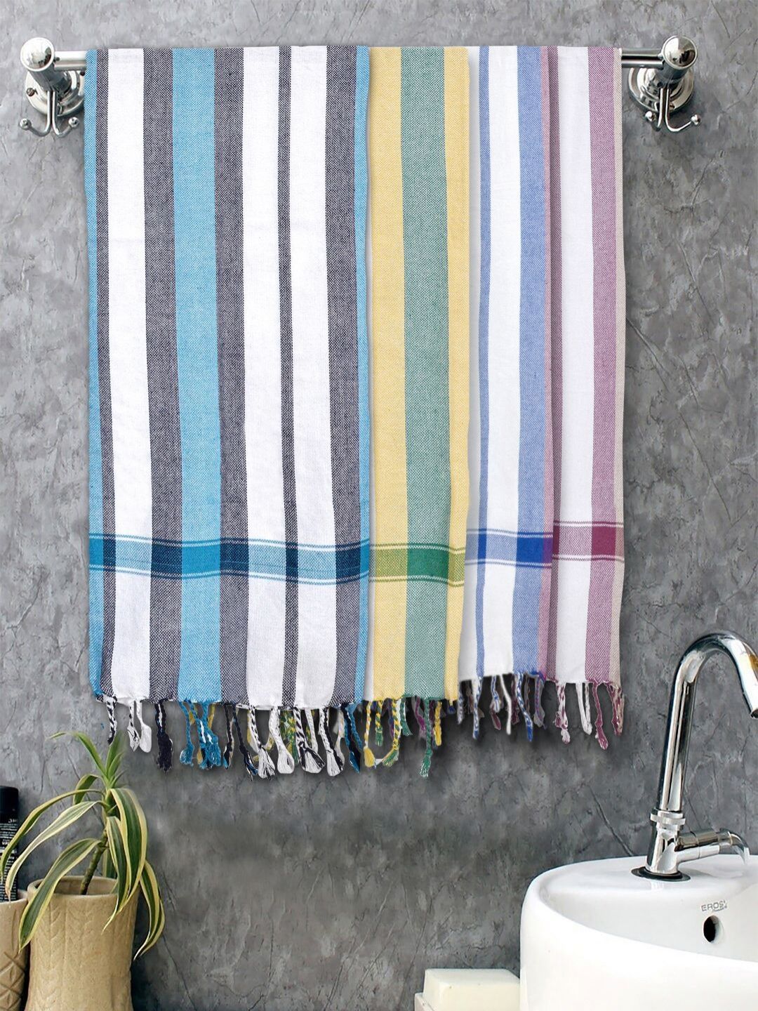 FABINALIV White & Green 4 Striped Cotton 225 GSM Bath Towel-image-31