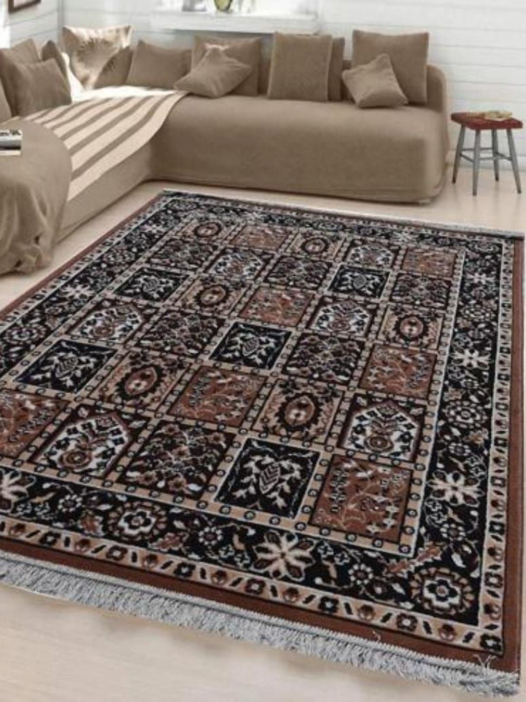 Samjeeda Handloom carpets Black Geometric Anti-Skid Polyester Carpet-image-23