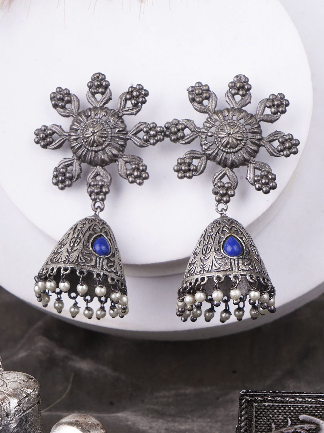 Sangria Blue Silver-Plated Artificial Stones Studded And Beaded Dome Oxidised Jhumkas-image-49