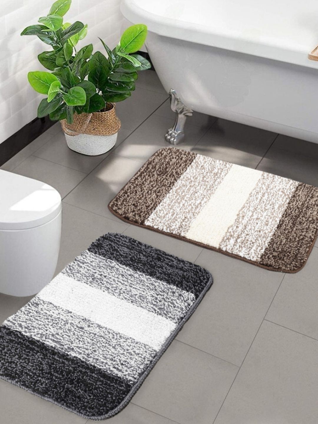 Saral Home 2Pcs Black & Brown Striped Microfibre 550 GSM Anti-Skid Bath Rugs-image-34