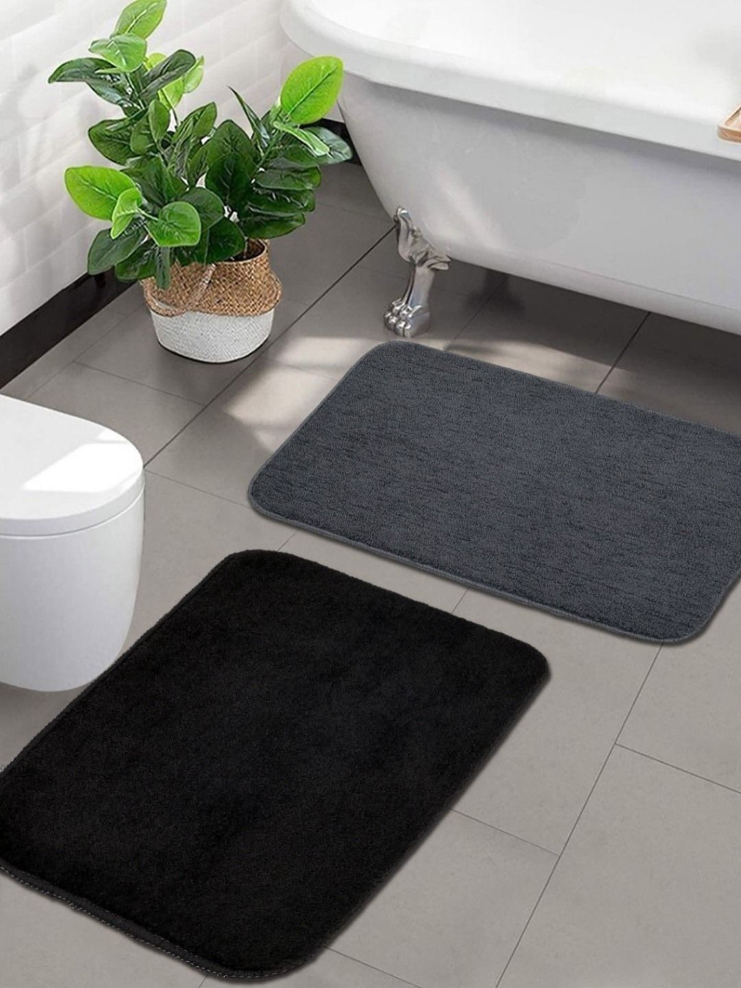 Saral Home 2Pcs Black & Grey Microfibre 550 GSM Anti-Skid Bath Rugs-image-13