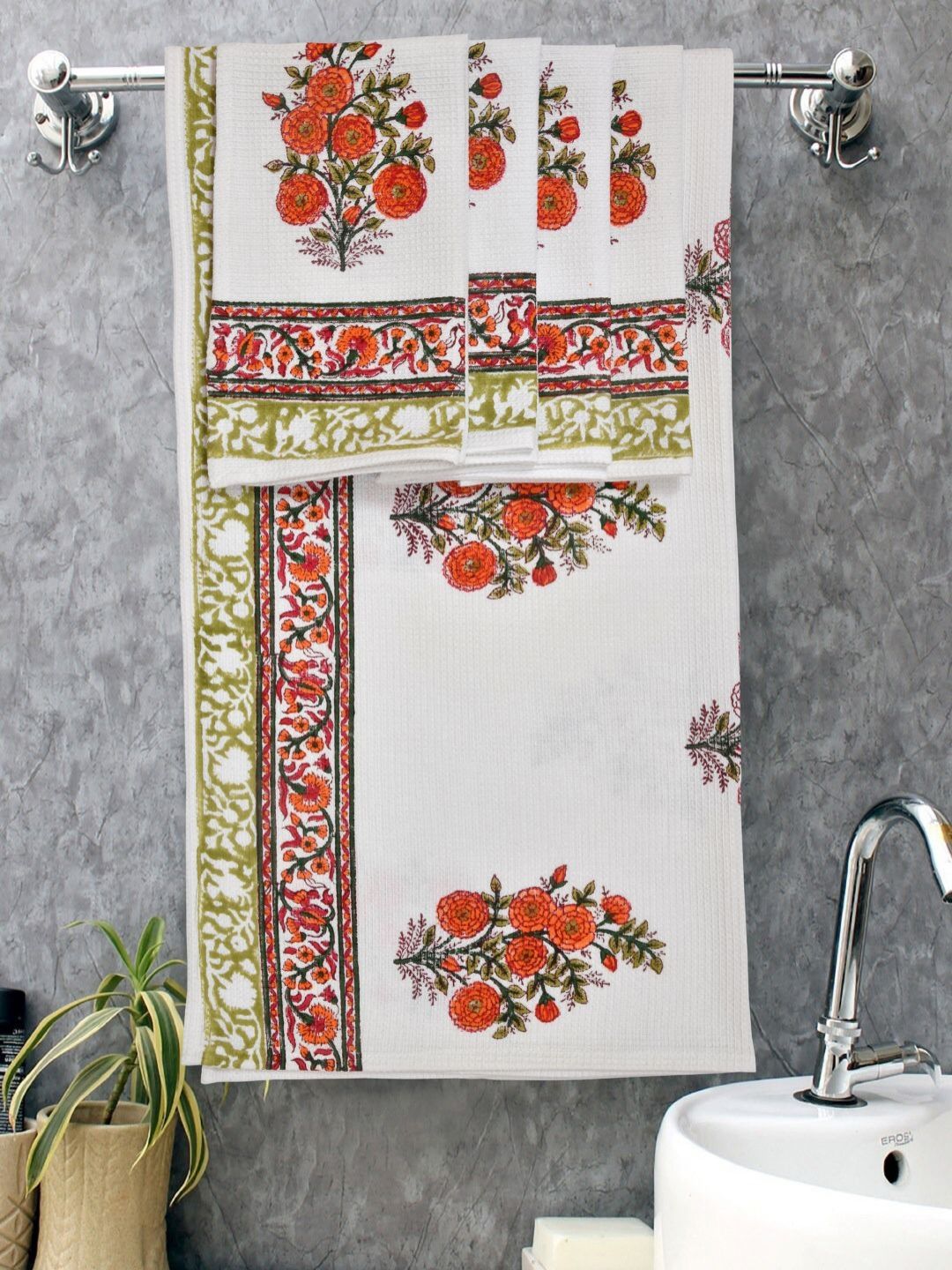 Myntra Elegant Homes Orange & White 5 Piece Printed Cotton 210 GSM Towel Set-picture-31