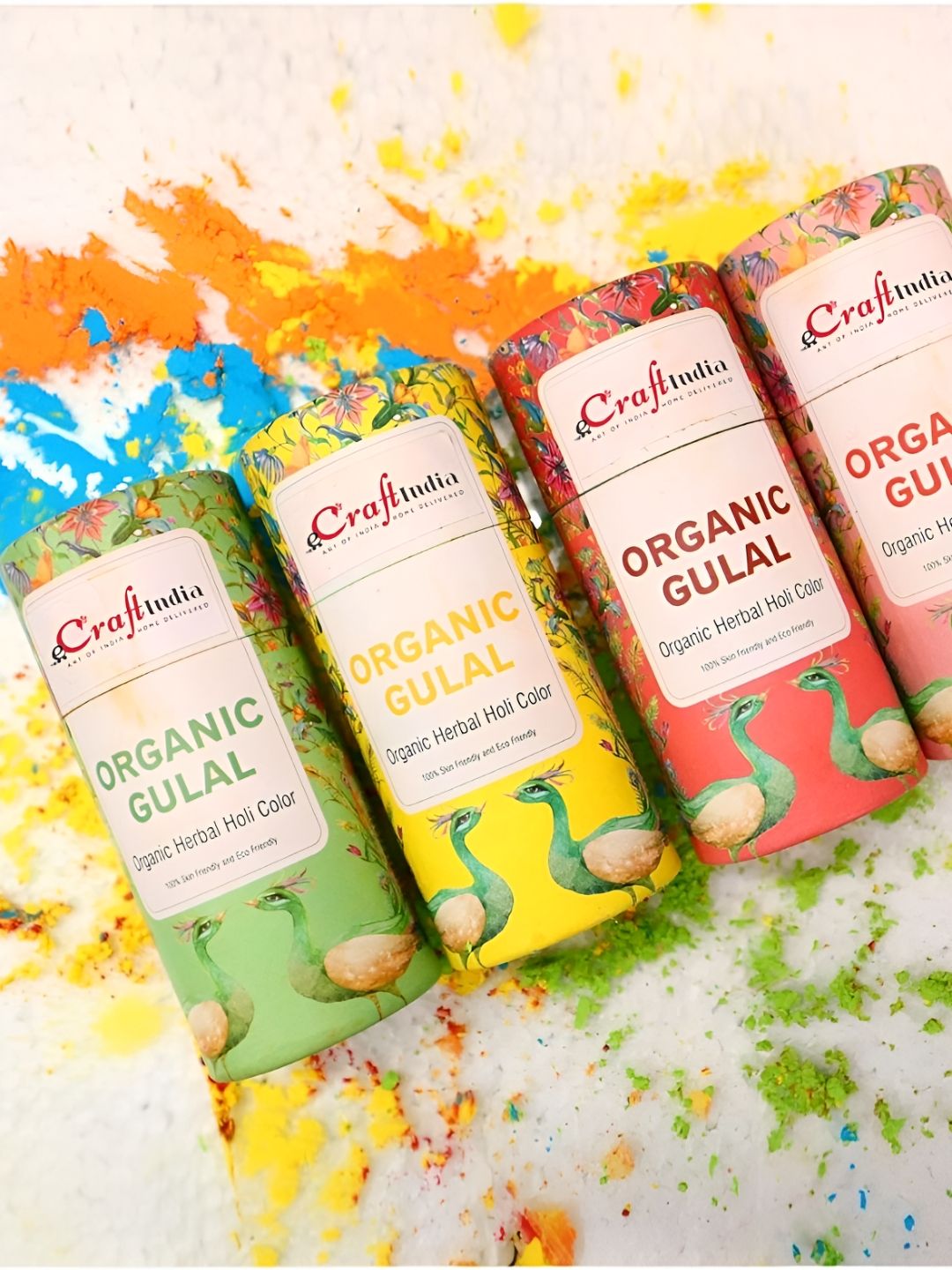 eCraftIndia 4-Pcs Yellow & Green Rasrang Organic Herbal Gulal Holi Colours