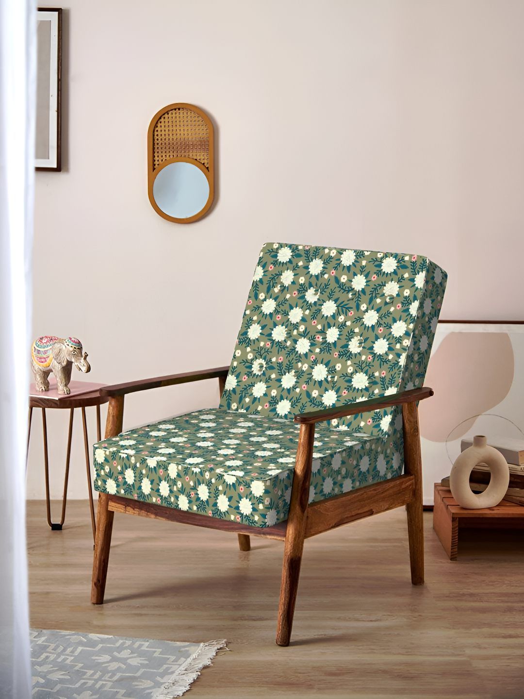 Chumbak Memsaab Green & White Spring Marigold Arm Chair