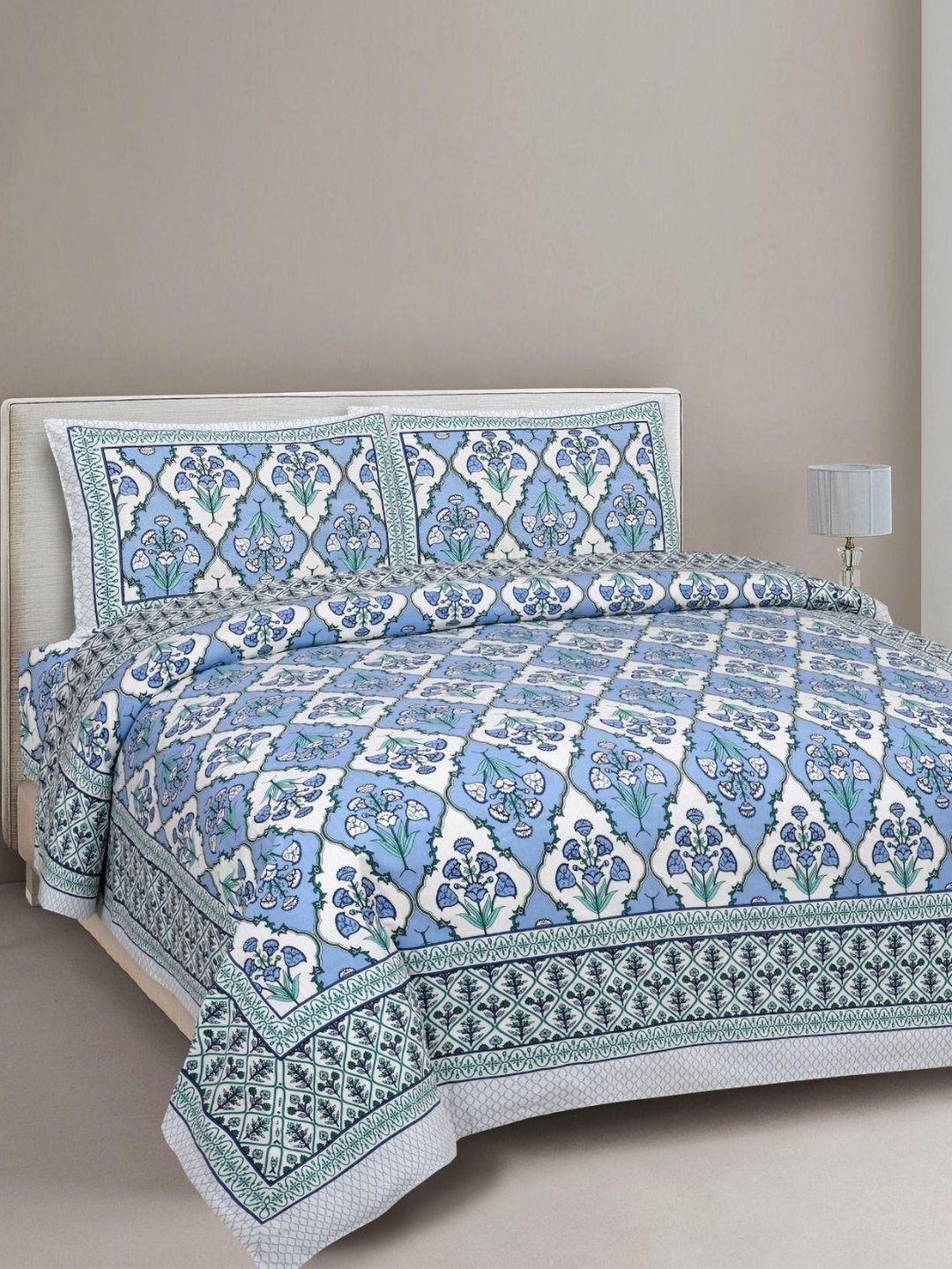 INDHOME LIFE White & Blue Ethnic Motifs 210 TC King Bedsheet with 2 Pillow Covers-picture-29