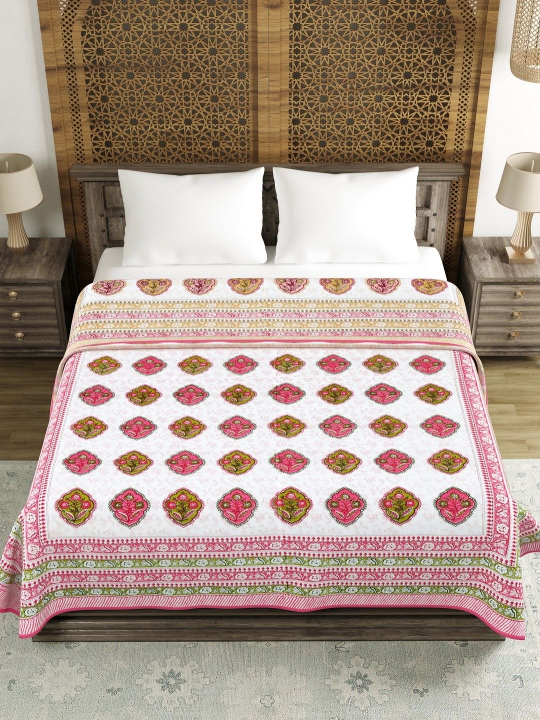 Myntra Elegant Homes Pink & White Ethnic Motifs AC Room 150 GSM Double Bed Dohar-picture-17