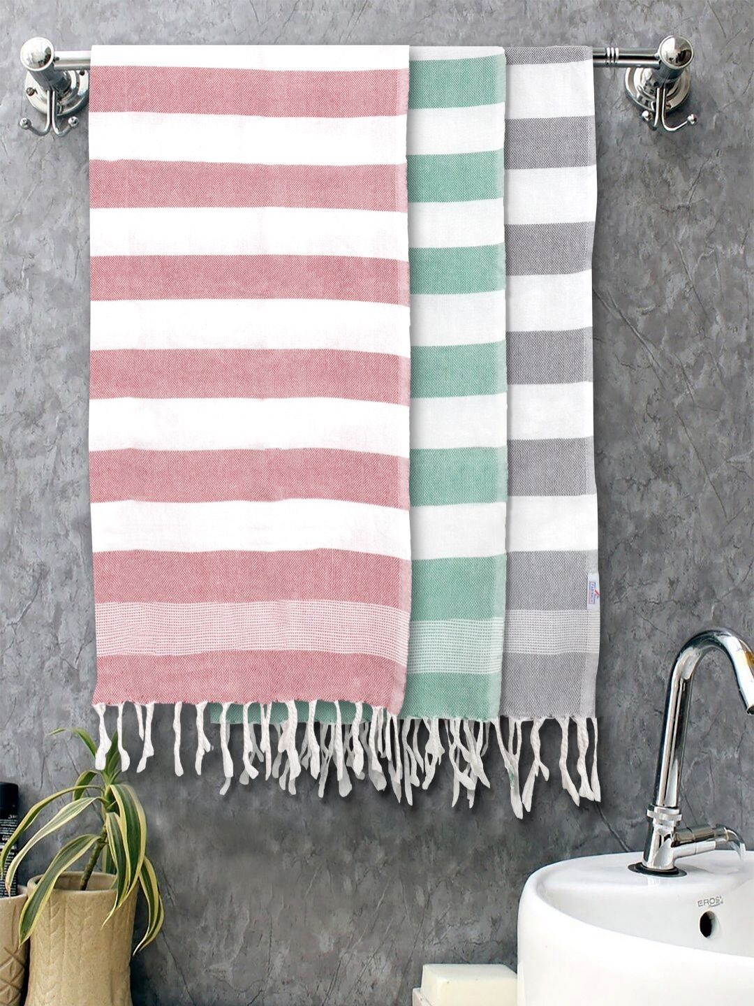 FABINALIV White & Green 3 Striped Cotton 225 GSM Bath Towel-image-28