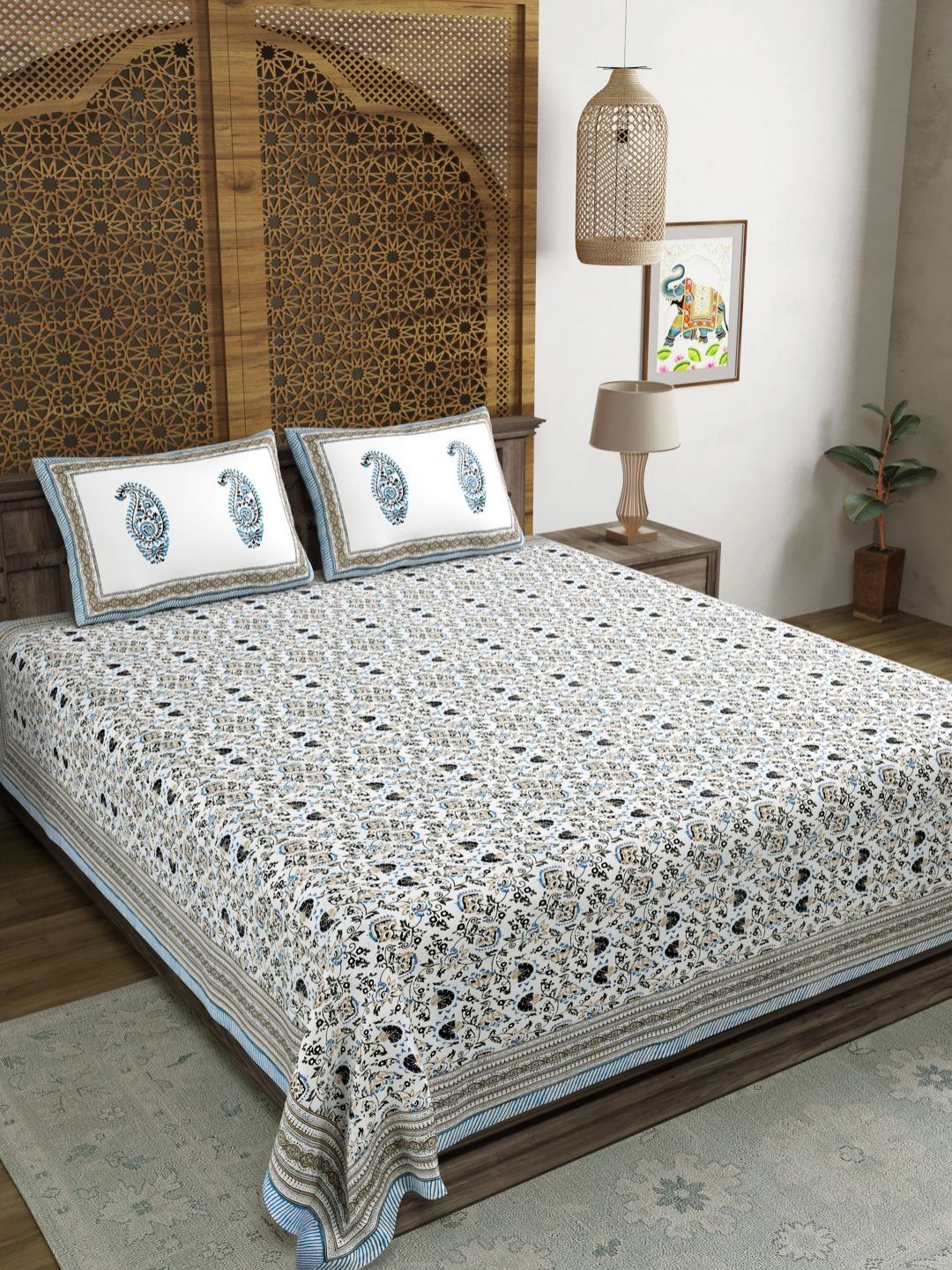 Myntra Elegant Homes Grey & White Floral 180 TC King Bedsheet with 2 Pillow Covers-picture-31